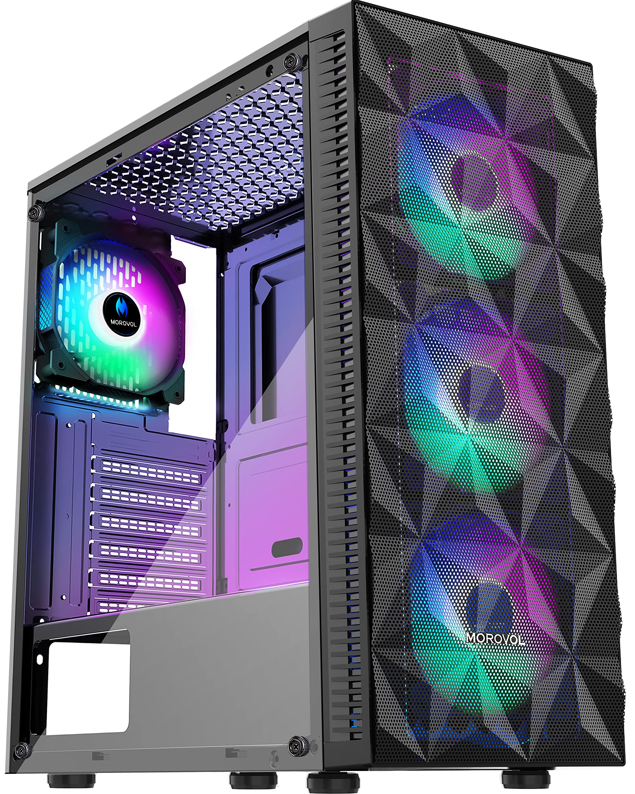 ATX Mid Tower Gaming PC Case with 4 Pre-Installed RGB Fans, Diamond Mesh Front Panel & Tempered Glass Side | High Airflow Design with USB 3.0 Ports | Perfect for Gaming Rigs, Streaming Setups & Workstation Builds