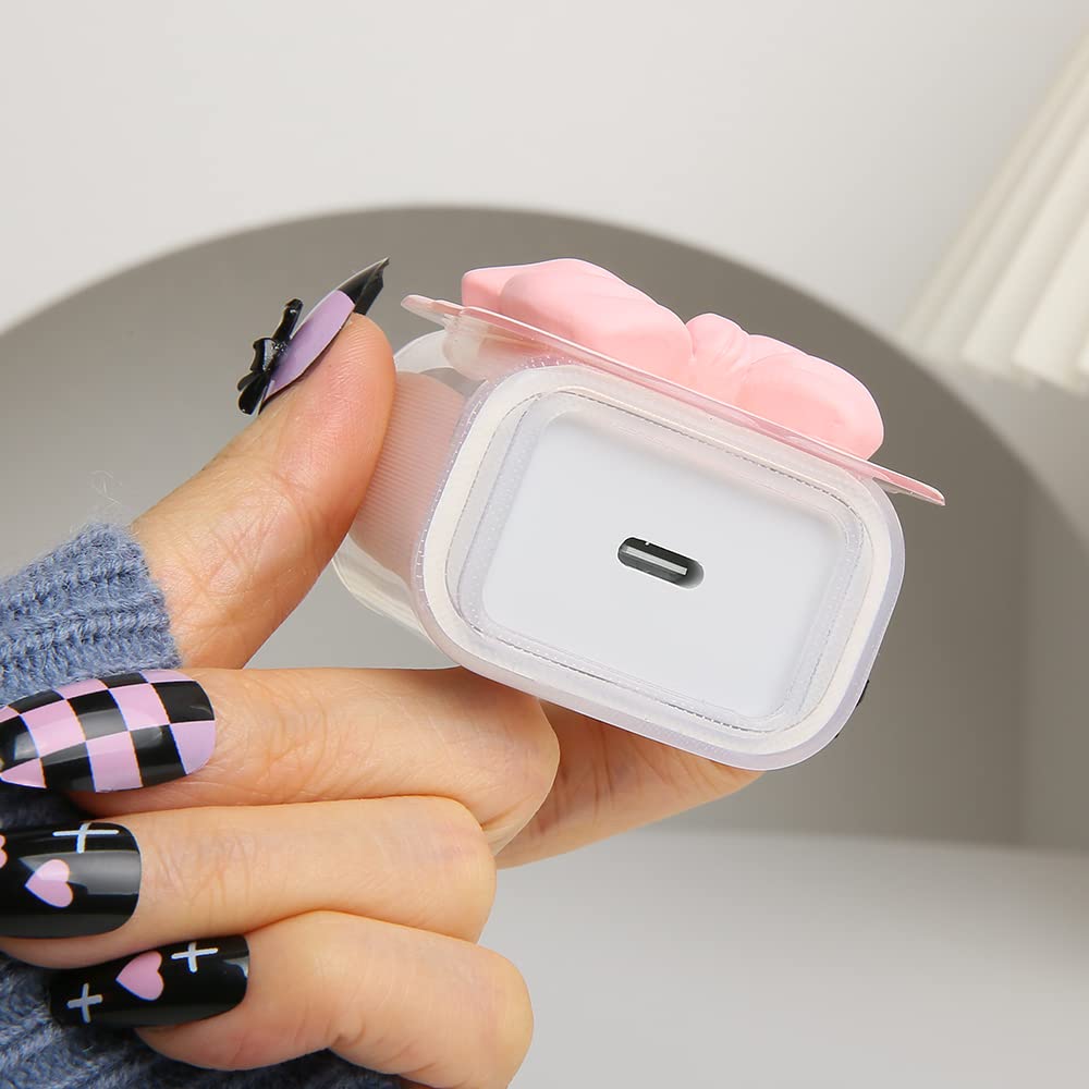 3D Bow Tie Cute iPhone USB-C Charger Cover - 18W/20W Fast Charging Protector for iPhone 11 12 13 14 Pro Max - Soft Clear Kawaii Cable Saver (Pink, 5-in-1) - Perfect for Home, Office & Travel Accessories
