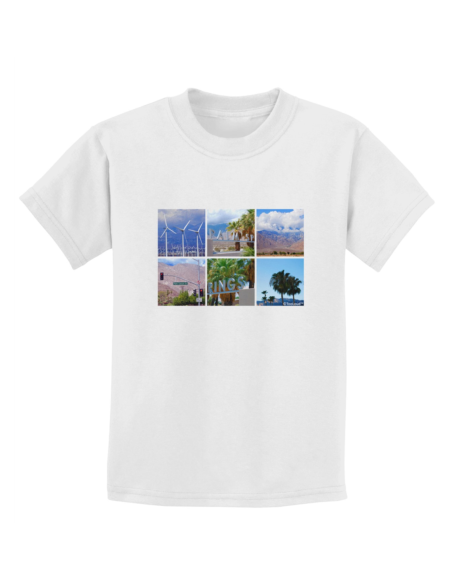 TooLoud Palm Springs Square Collage Kids T-Shirt | Fun Graphic Tee for Boys & Girls | Perfect for School, Playdates & Family Outings