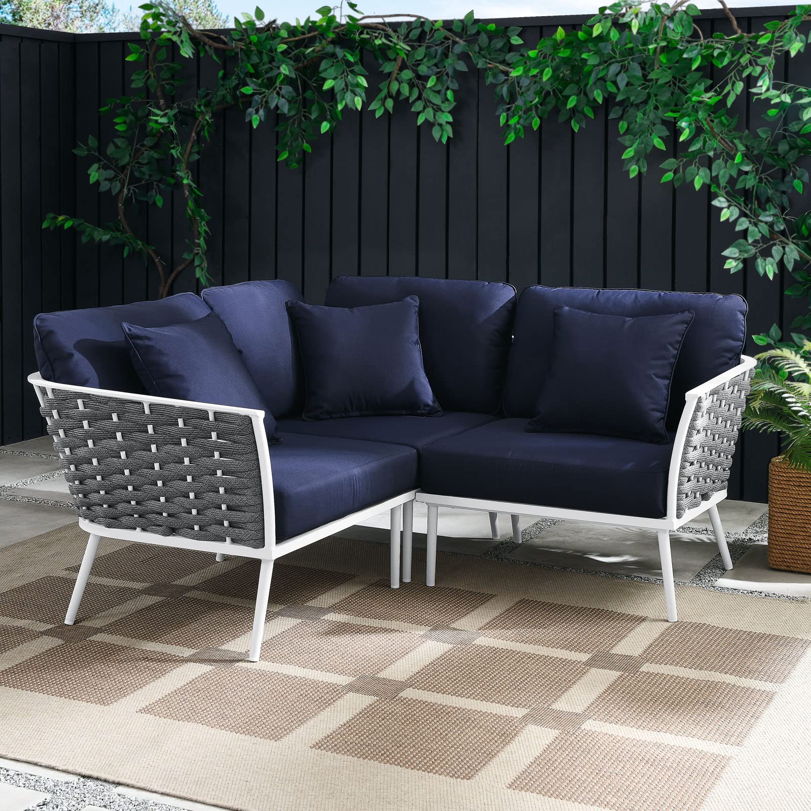 Modway Stance Outdoor Patio Woven Rope Aluminum Sectional Sofa - Small 2-Piece Set in White & Navy Blue | Perfect for Poolside, Garden, Deck & Backyard Relaxation