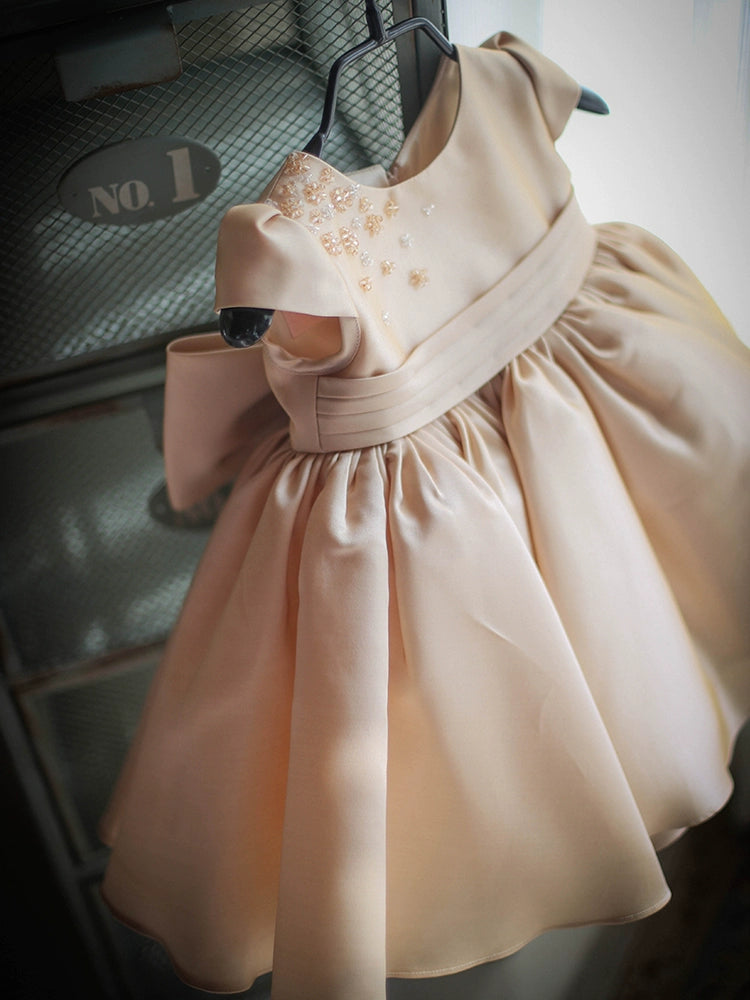 Champagne Princess Round Tea Length Satin Flower Girl Dress for Weddings, Bridal Showers & Special Occasions