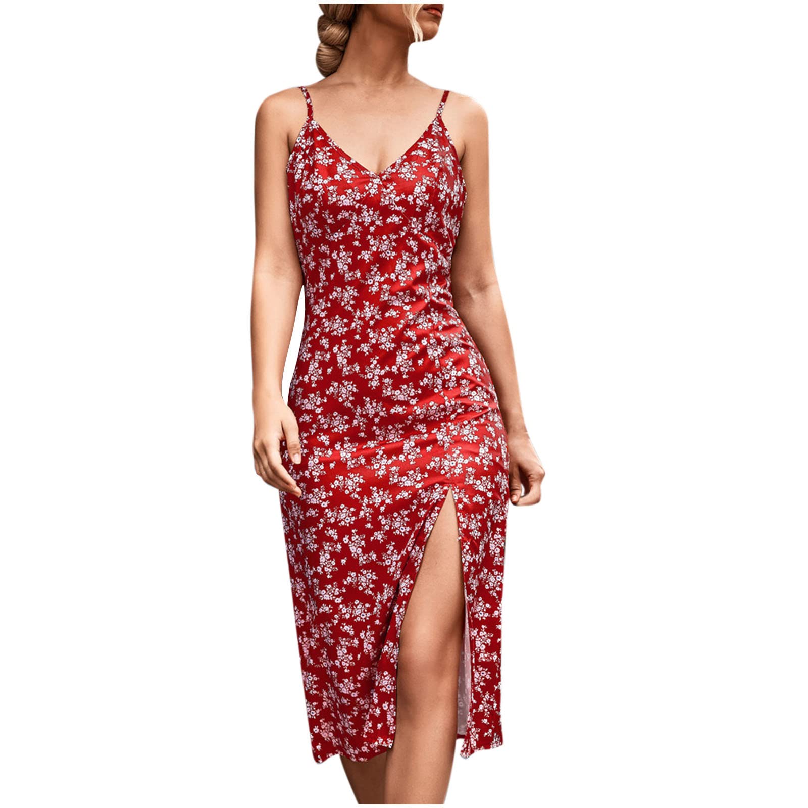 BOXIACEY Women's Summer Dresses 2023 - Sexy Printed V-Neck Sleeveless Cocktail Dress with Slit, Holiday Party Dress for Beach Vacation & Night Out
