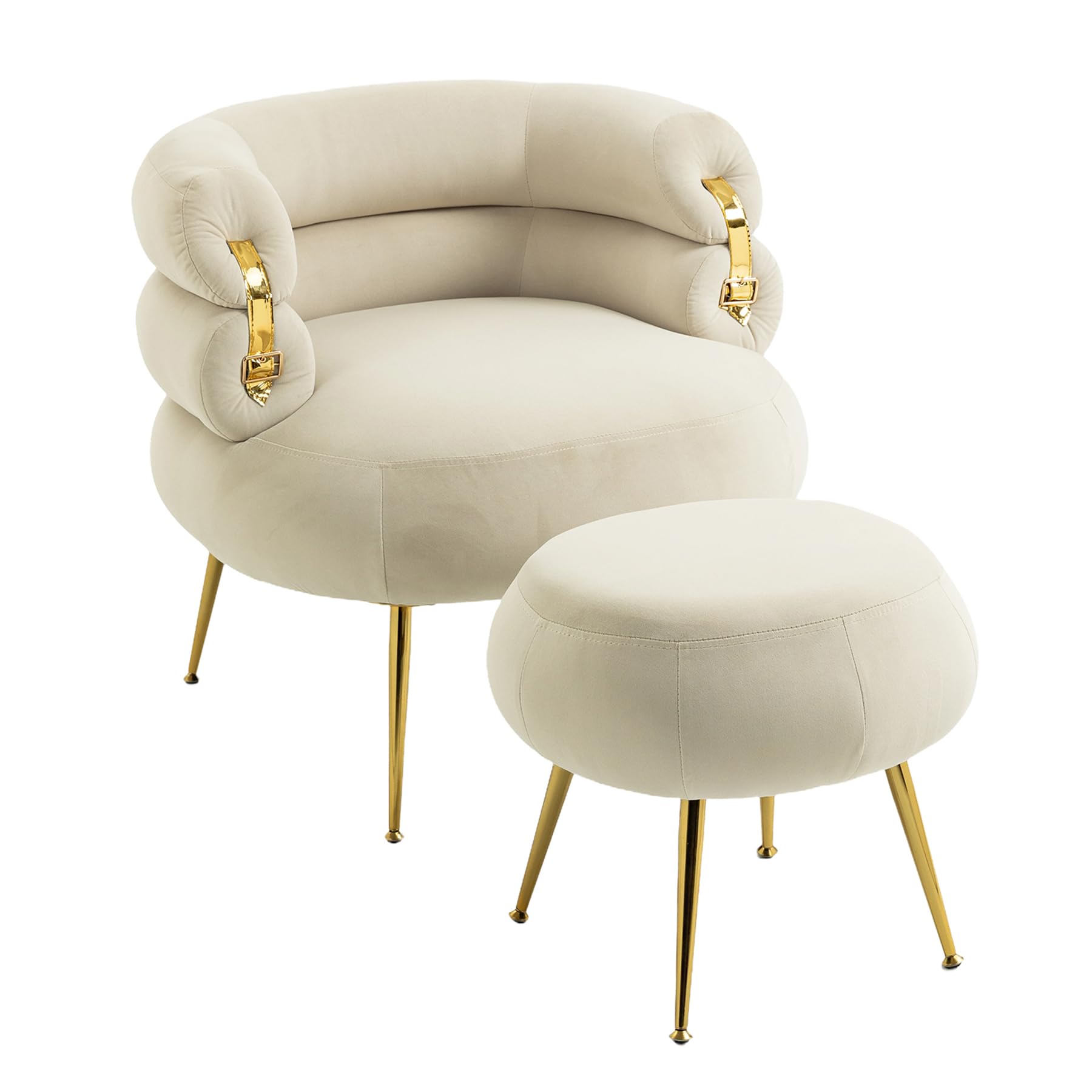 Dolonm Velvet Accent Chair with Ottoman - Modern Barrel Club Chair with Gold Legs for Living Room, Bedroom & Dorm - Cozy Reading Armchair in Beige | Perfect for Relaxing, Lounging & Home Decor