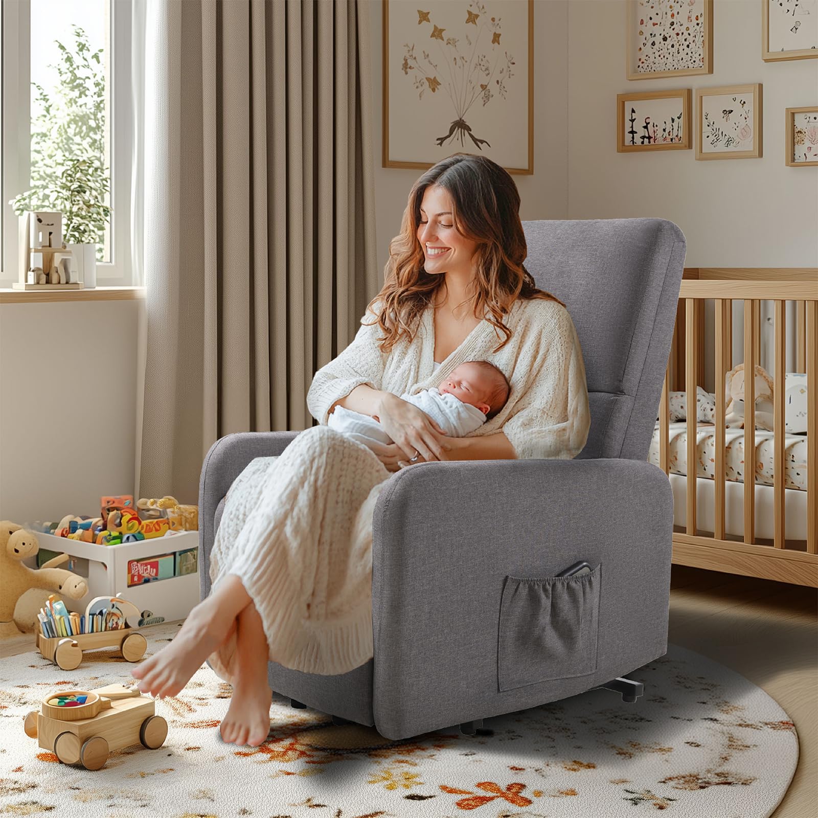 Jocisland Power Lift Recliner Chair for Elderly - Electric Recliner with High Back & Side Pocket - Comfortable Modern Upholstered Sofa in Linen Grey - Perfect for Living Room, Bedroom & Nursing Care