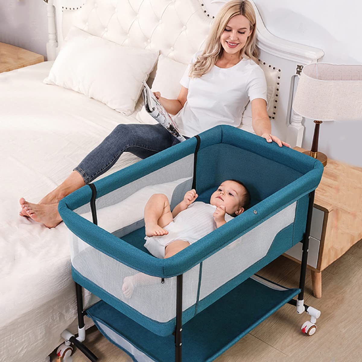 Portable Adjustable Height Bedside Crib Co-Sleeper with Wheels & Mosquito Net - Safe Nursery Bed for Babies 0-24 Months - Perfect for Bedroom Co-Sleeping & Travel (Green)