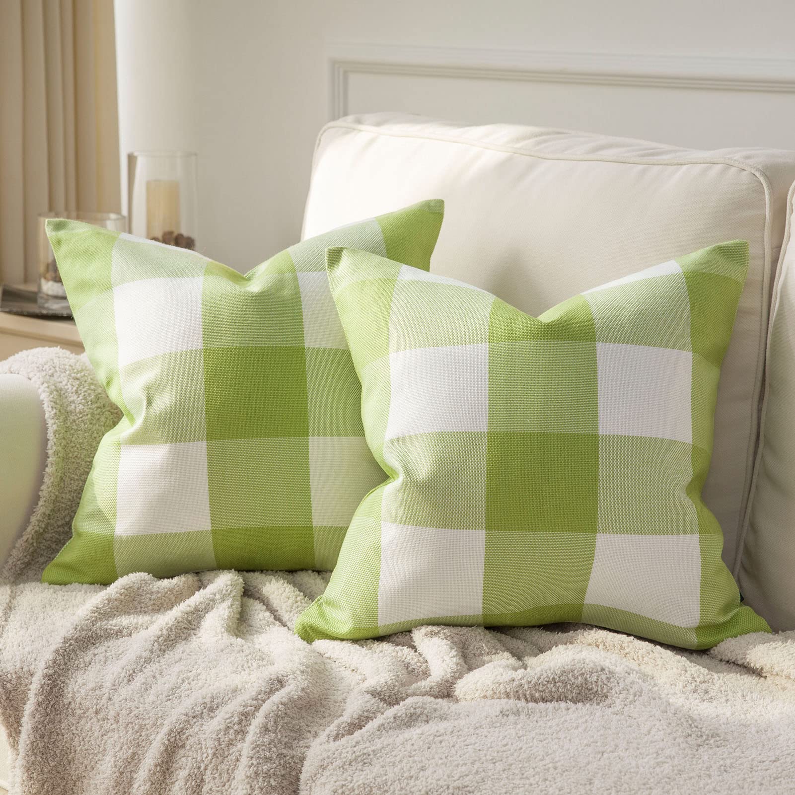 Pack of 2 Gingham Buffalo Check Plaid Throw Pillow Covers 18x18 Inches - Farmhouse Square Decorative Pillow Cases for Indoor Outdoor Home Decor in Green | Perfect for Sofa, Bed, Porch & Living Room Accents