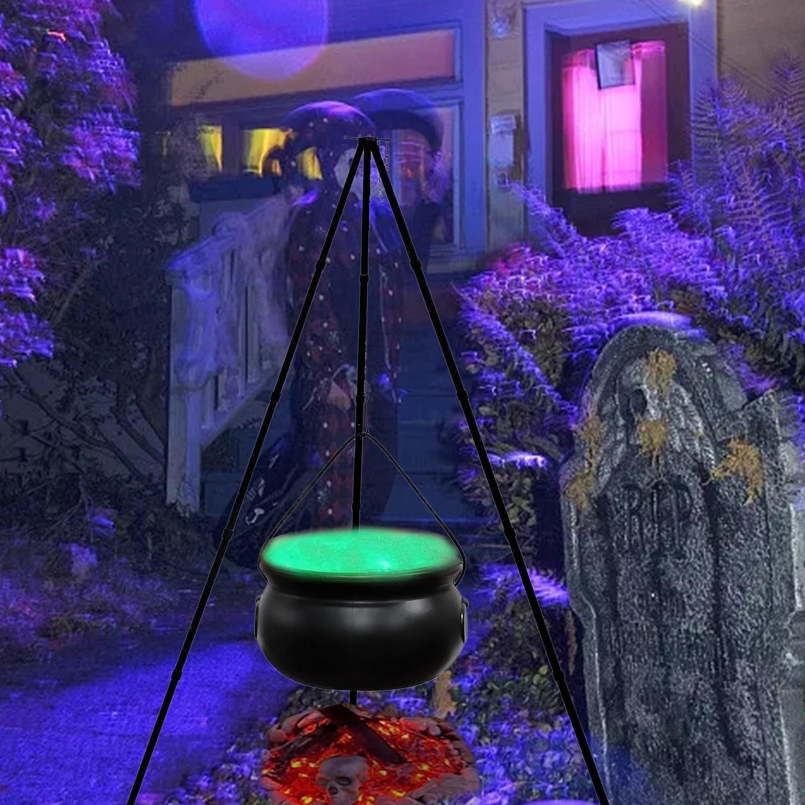 Large Black Plastic Halloween Witches Cauldron with Tripod & LED Lights - 130CM Outdoor/Indoor Decor for Porch, Yard & Halloween Party | Spooky Candy Bucket & Witch-Themed Decoration