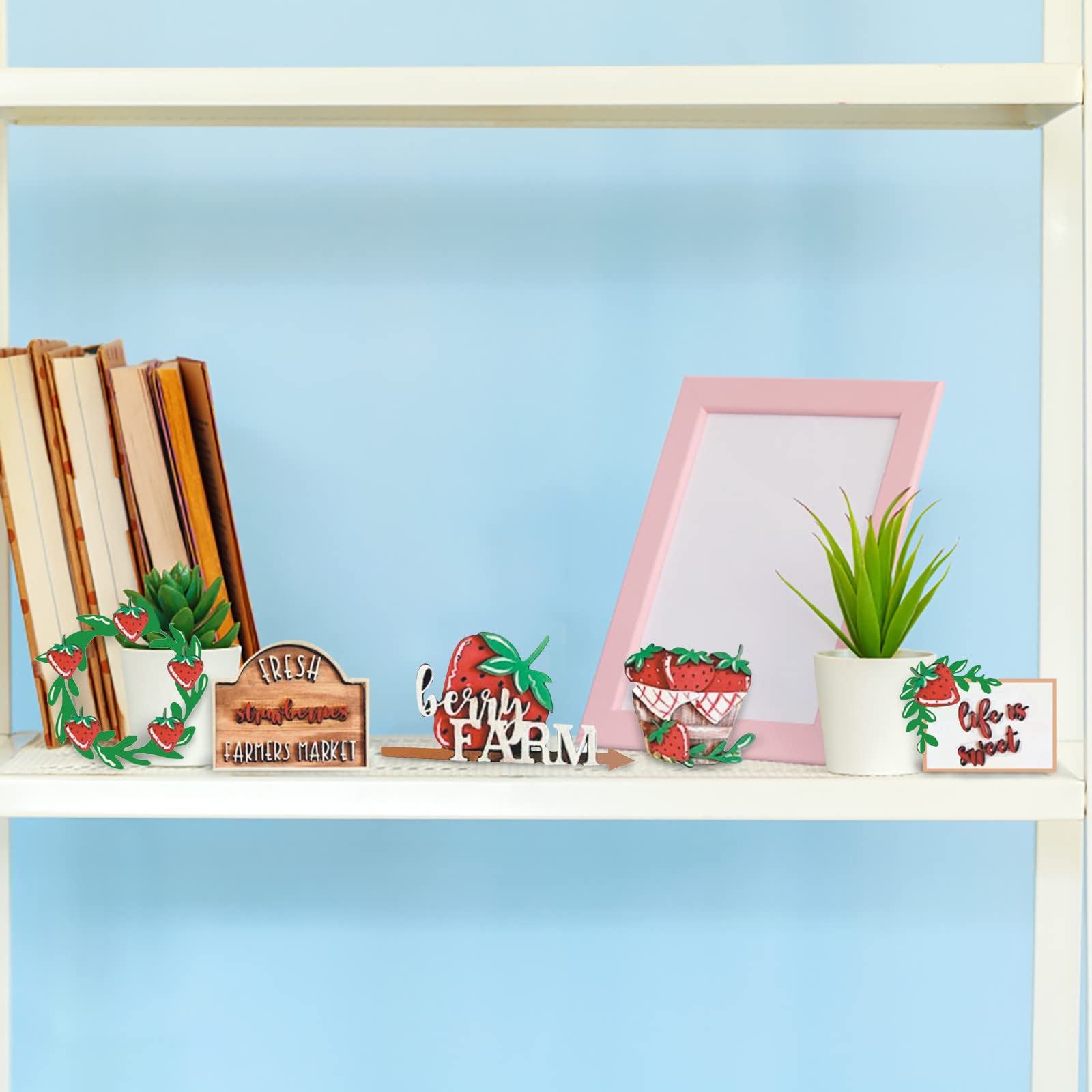 Summer Tiered Tray Decor Set - Beach Party & Farmhouse Wooden Sign Decorations (Strawberry Theme) for Kitchen Counter, Coffee Table, and Patio Display
