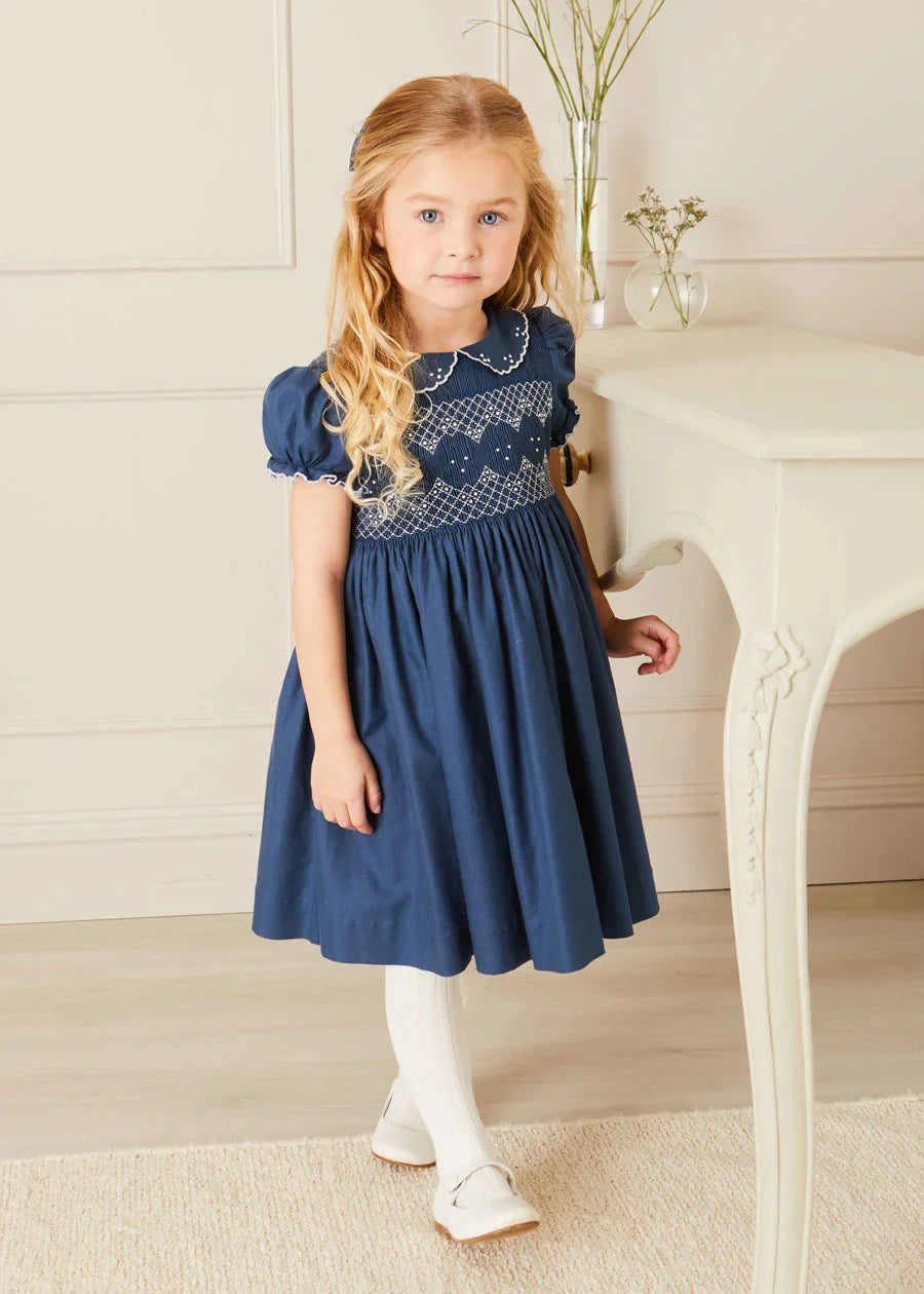 Royal Blue Hand Smocked Short Sleeve Dress for Girls (12 Months - 10 Years) - Perfect for Birthday Parties, Easter Outfits & Special Occasions