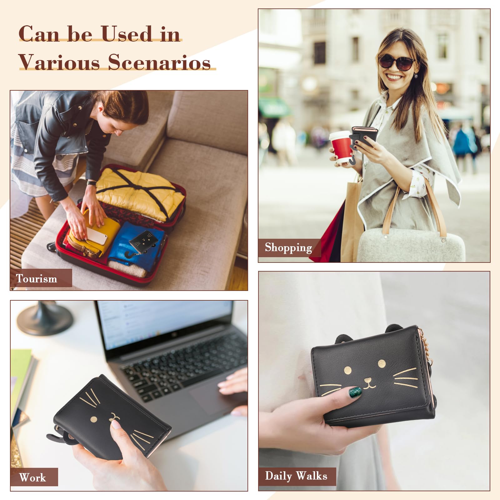Stylish Small PU Leather RFID Blocking Women's Wallet - Cute Black Cat Bi-Fold Design with Multiple Slots, ID Window & Coin Pocket | Perfect for Everyday Use, Travel & Gift Giving