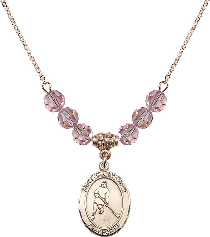 Bonyak 18K Gold Plated October Birthstone Necklace with 6mm Light Rose Pink Stone Beads & Saint Christopher Pendant - Perfect for Birthdays, Gifts, Ice Hockey Fans and Everyday Wear