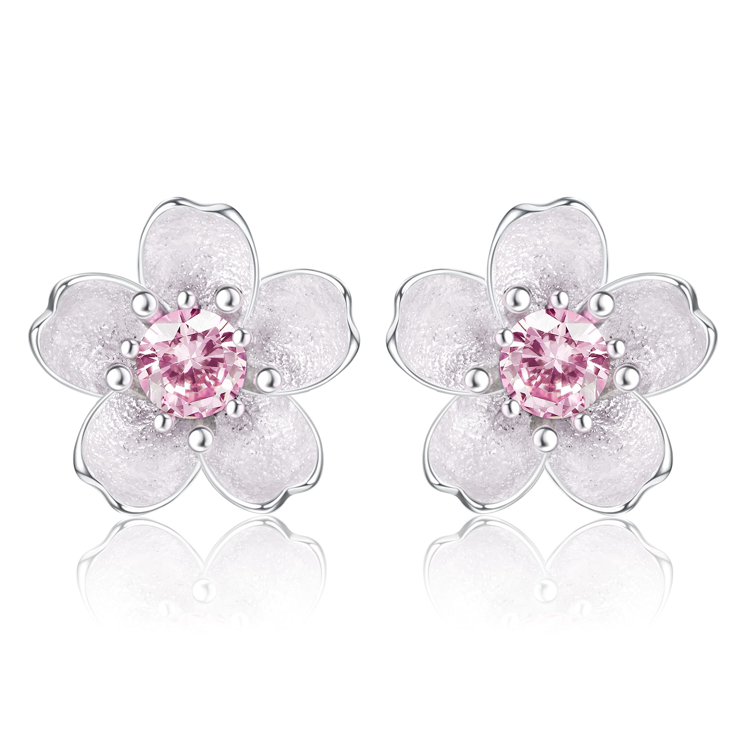 KRFY 925 Sterling Silver Cherry Blossom Flower Stud Earrings - Hypoallergenic CZ Cartilage Earrings for Women, Girls & Kids | Perfect for Everyday Wear, Gift Giving & Special Occasions