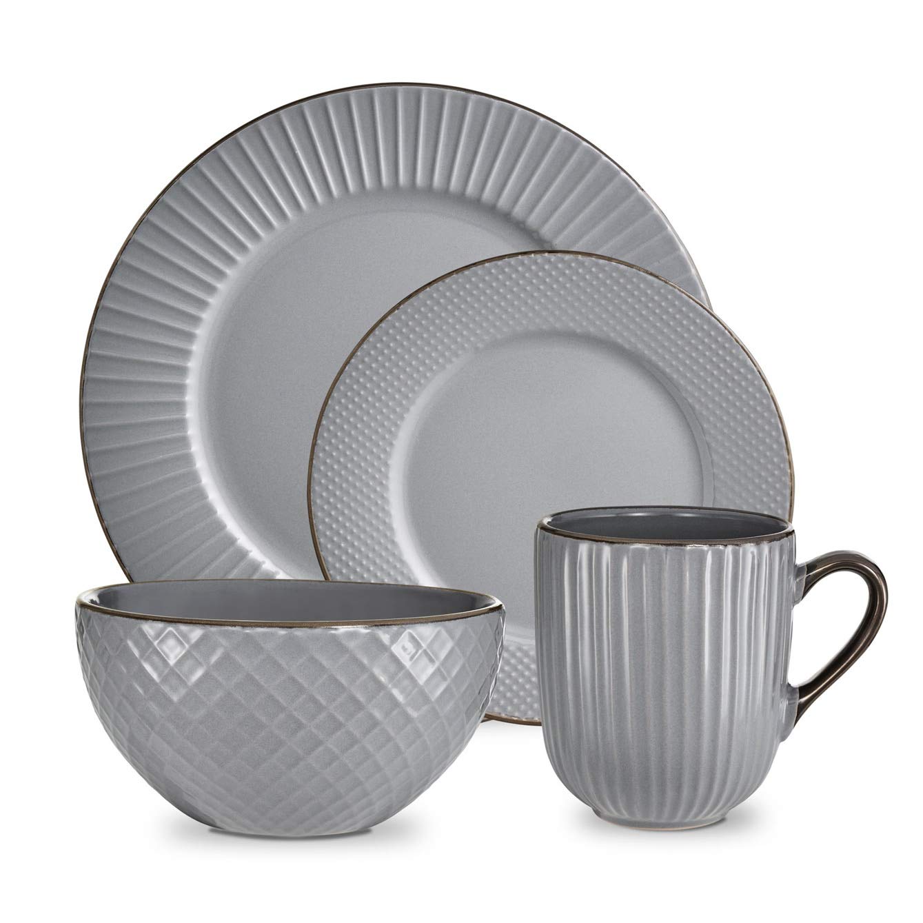 Empire 16-Piece Stoneware Dinnerware Set in Grey and Brass - Elegant Tableware for Everyday Dining & Entertaining | Tower T867002GRY