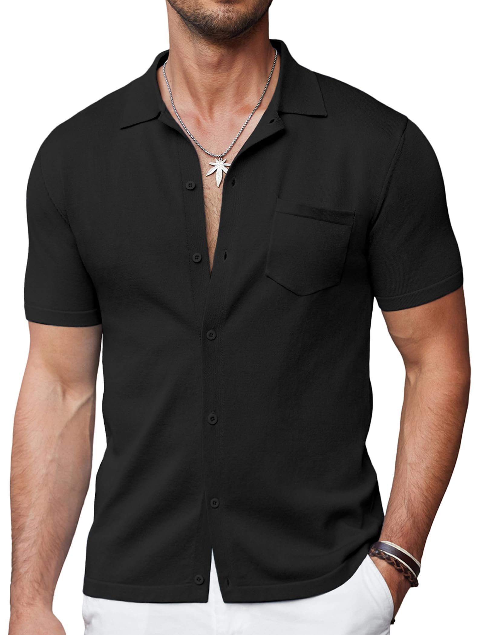COOFANDY Men's Vintage Short Sleeve Button Down Polo Shirt - Casual Knit Top for Beach, Summer & Outdoor Activities | Breathable Comfort Fit