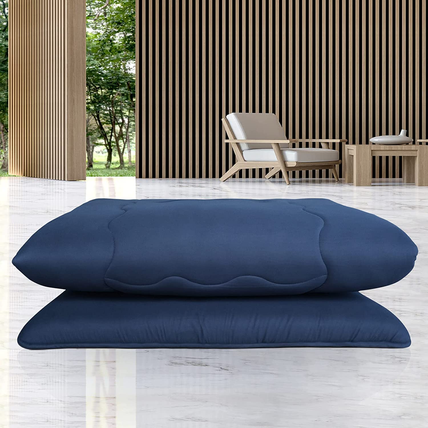 WAVV Japanese Futon Mattress - Thick Foldable Tatami Floor Mattress with CertiPUR-US Certified Breathable Cover | King Size Blue | Perfect for Guest Room, Kids Bedding, Coffee Lounging & Camping | Space-Saving Sleeping Solution