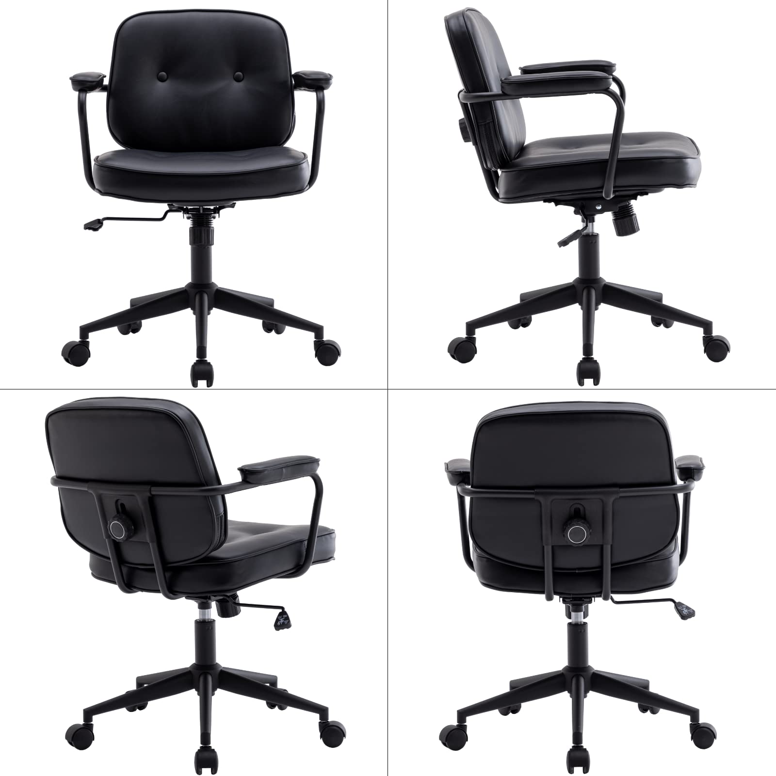 LukeAlon Adjustable PU Leather Office Chair - 360° Swivel Ergonomic Desk Chair with Armrests, Thickened Seat & Tilt Function for Home Office, Study or Gaming - Modern Button Tufted Computer Chair in Black