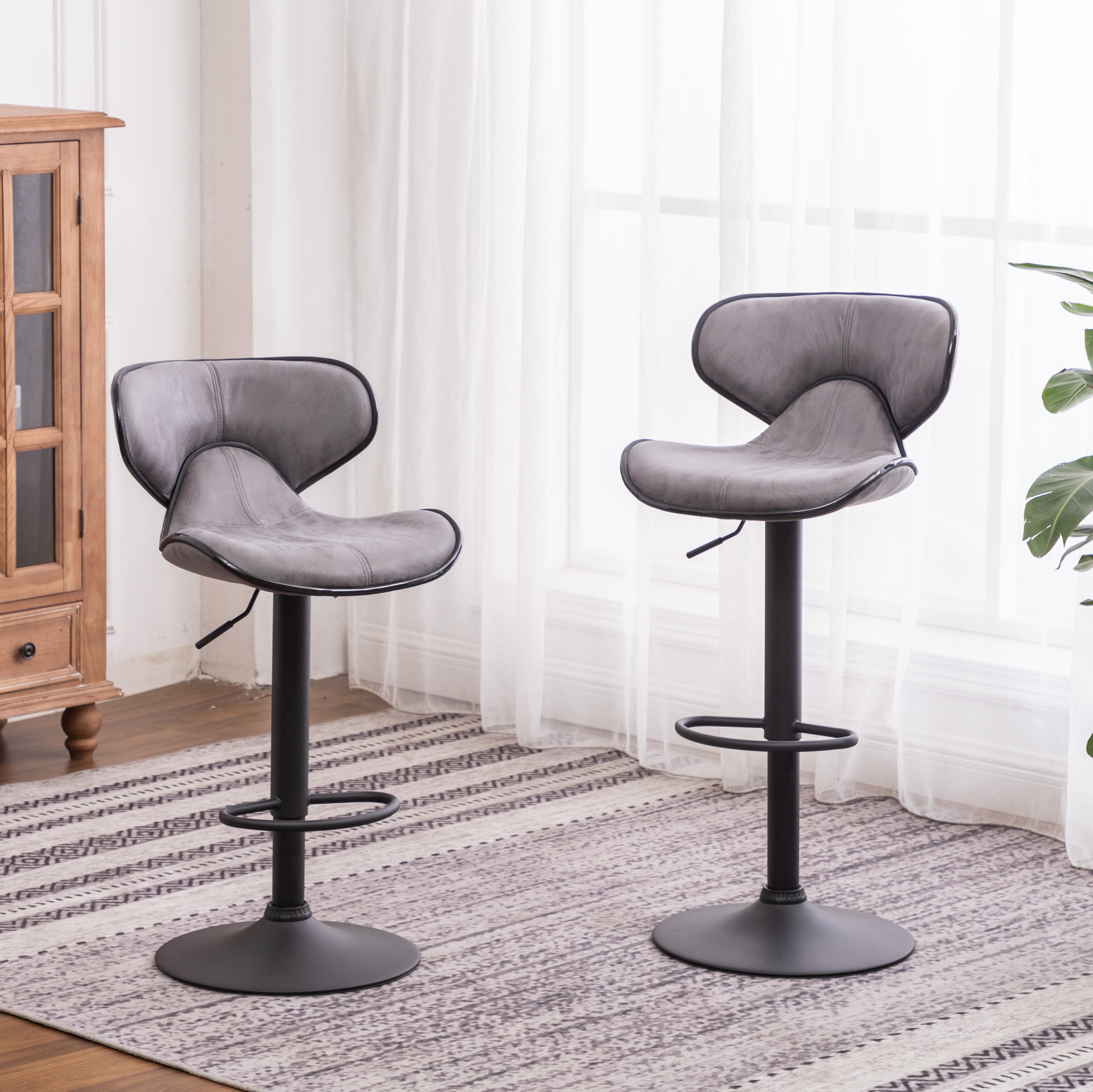 Roundhill Furniture Masaccio Adjustable Swivel Bar Stool Set of 2 - Chrome Base & Weathered Gray Upholstery - Perfect for Kitchen Islands, Home Bars & Breakfast Nooks