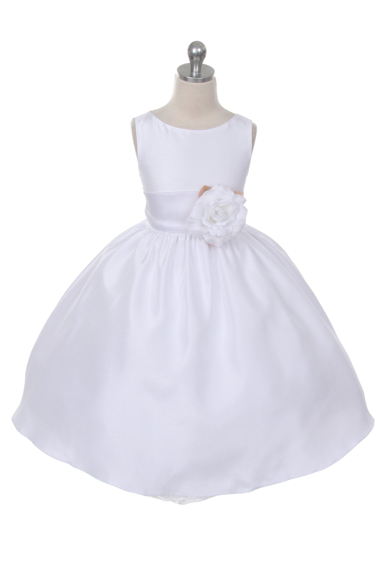 Ivory Classic Poly Silk Girls Dress with Organza Sash - Elegant Flower Girl Dress for Weddings, Parties & Special Occasions