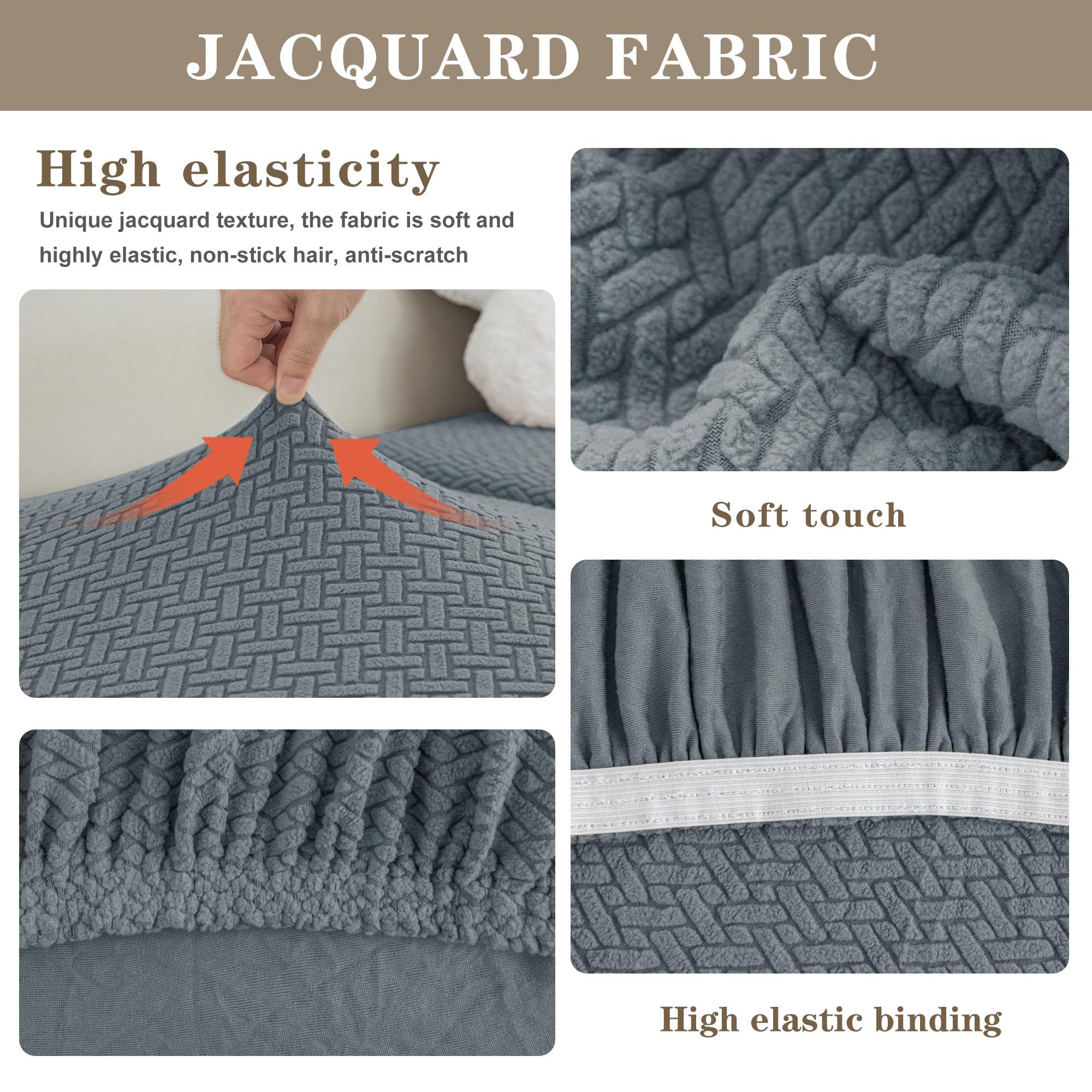 4-Piece Stretch Jacquard Couch Cushion Covers for Sectional Sofa - Left/Right L-Shape (3 Seater + Chaise, Dark Gray) - Washable, Anti-Slip Sofa Slipcovers - Perfect for Living Room, Family Room & Home Decor