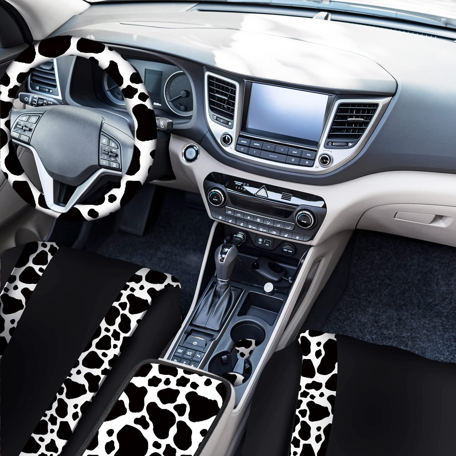 Cow Print Car Seat Covers Full Set - Universal Fit for Cars, Trucks & SUVs | Non-Slip Rubber Steering Wheel Cover, Armrest Pads & Seat Belt Covers | Fun Cow Pattern Car Accessories for Women & Men | Perfect for Road Trips, Daily Commute & Gift Giving
