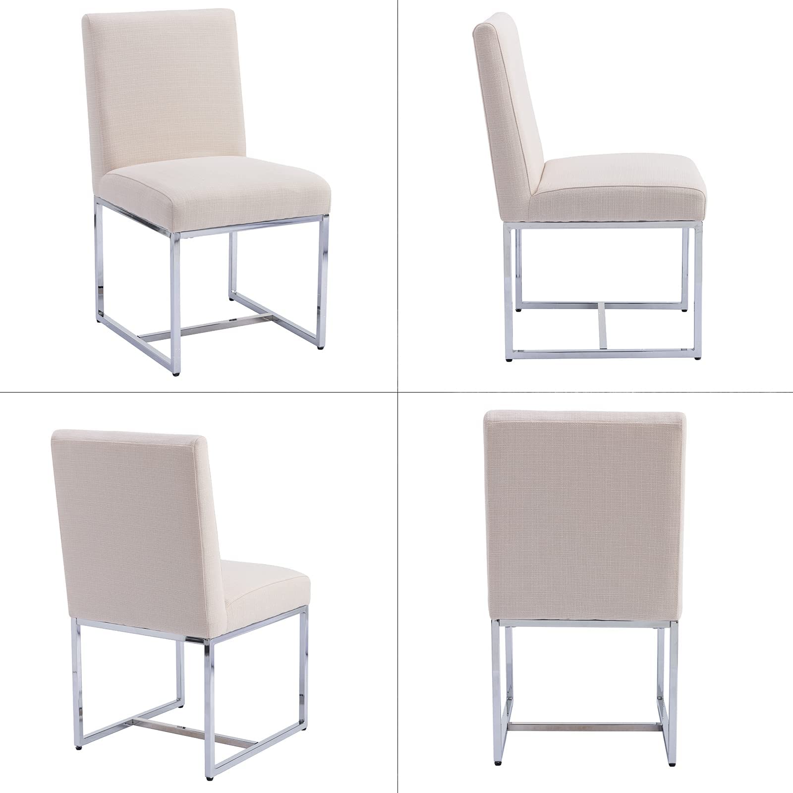 Mid Century Modern Dining Chairs Set of 2 - Cream Linen Upholstered Kitchen & Dining Room Chairs with Polished Chrome Metal Frame | Perfect for Small Spaces, Breakfast Nooks & Contemporary Dining Rooms