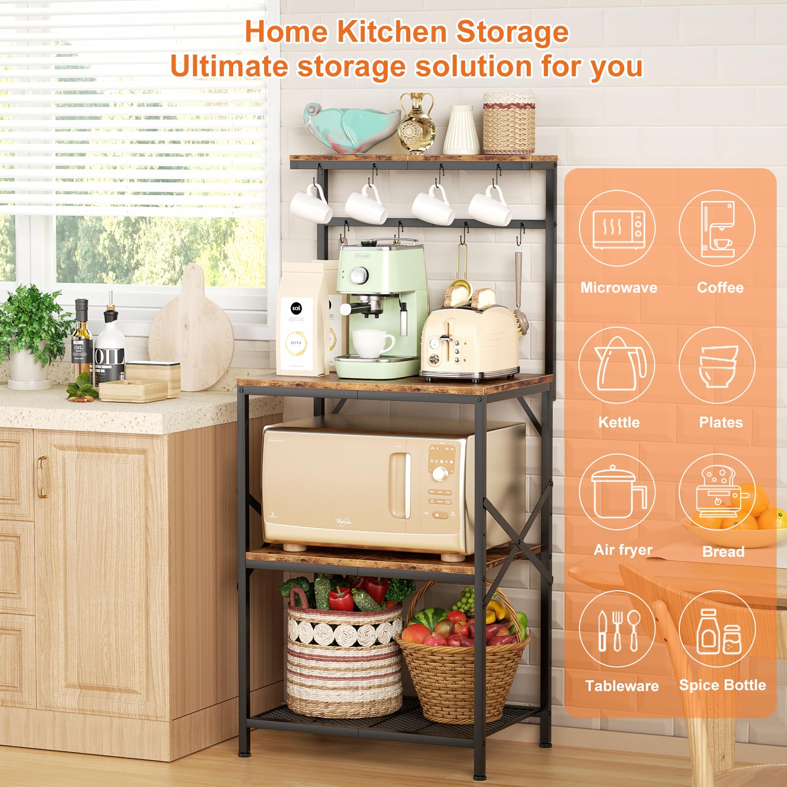 Rustic Brown 4-Tier Kitchen Bakers Rack with Adjustable Storage Shelves & 8 Hooks - Freestanding Microwave Stand, Coffee Bar Organizer - Perfect for Small Kitchens, Pantry Organization & Appliance Storage