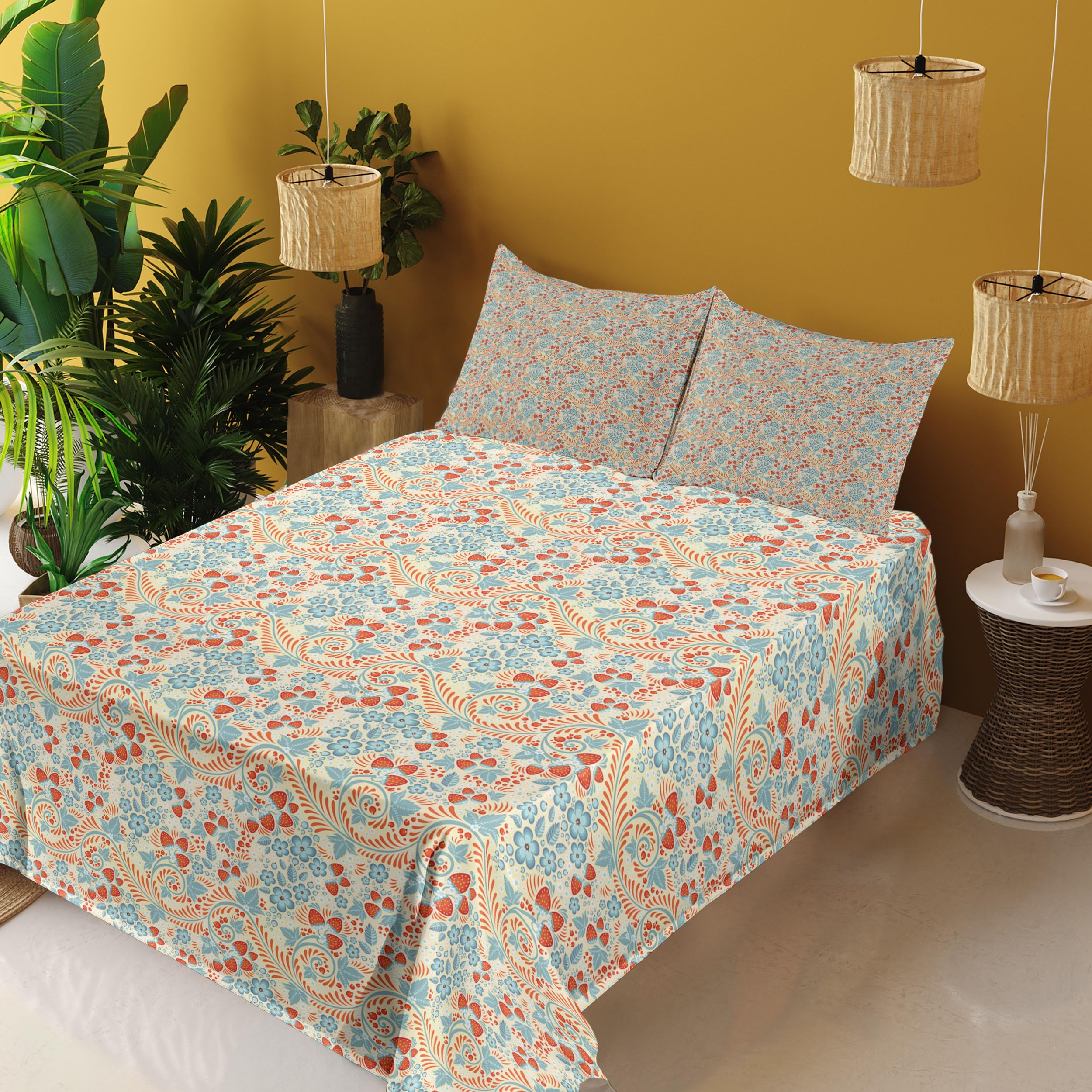Ambesonne Floral Bed Sheet Set 4-Piece - Traditional Khokhloma Style Flowers & Strawberries Design - King Size Fitted & Flat Sheets with Pillowcases - Cream, Pale Teal & Vermilion - Perfect for Master Bedroom, Guest Room & Vacation Homes