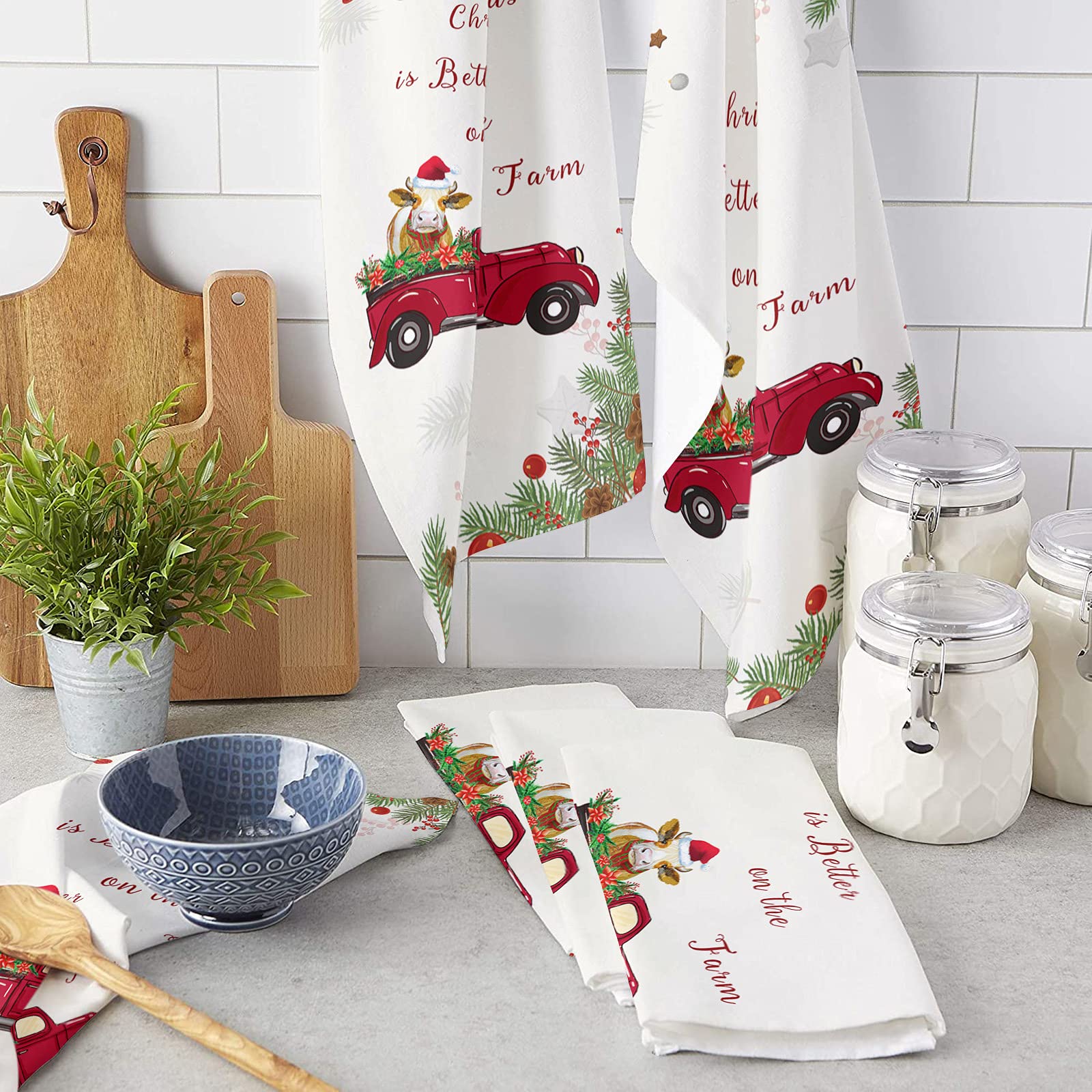 4 Pack Super Absorbent Microfiber Dish Towels - Soft Kitchen Hand Towels & Tea Towels for Christmas, Farmhouse Decor, Dish Drying, Bathroom & Bar Use
