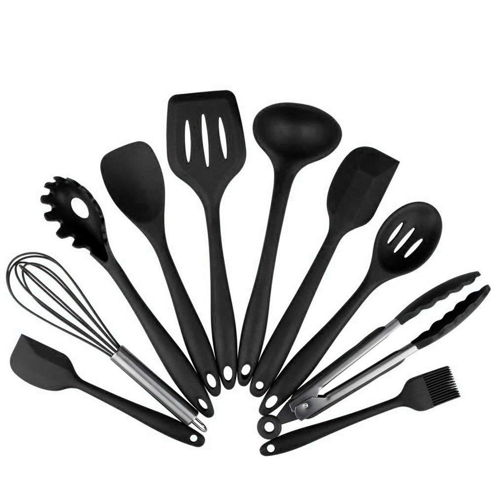 Premium 10-Piece Silicone Cooking Utensil Set - Nonstick Safe Spatula, Spoon, Tongs, Whisk, Ladle & Slotted Turner - BPA Free, Heat Resistant & Dishwasher Safe - Perfect for Nonstick Cookware, Baking & Everyday Kitchen Use (Black)