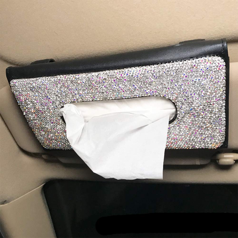 Sparkling Rhinestone PU Leather Napkin Holder - Car Backseat Hanging Tissue Box Organizer - Bling Bling Sun Visor Paper Case for Car, Home & Office (Black + White) - Perfect for Road Trips, Dining & Decor
