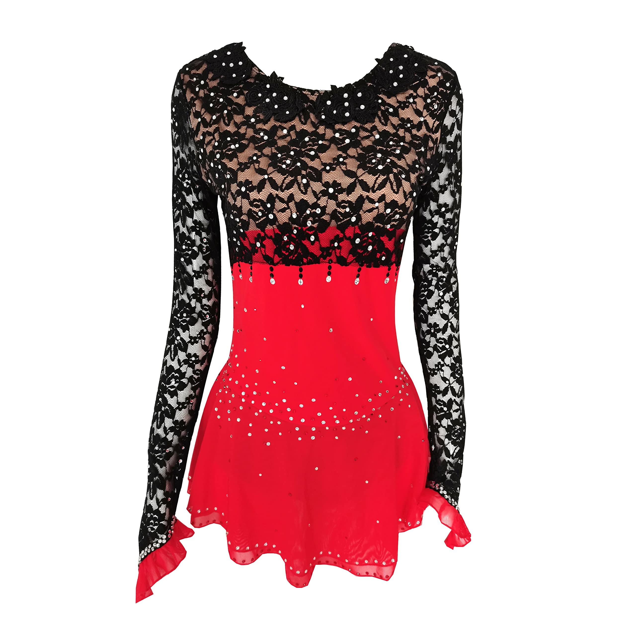 Elegant Black and Red Lace Long Sleeve Figure Skating Dress for Girls & Women - Competition & Performance Ice Skating Outfit - Perfect for Ice Shows, Competitions, and Practice Sessions