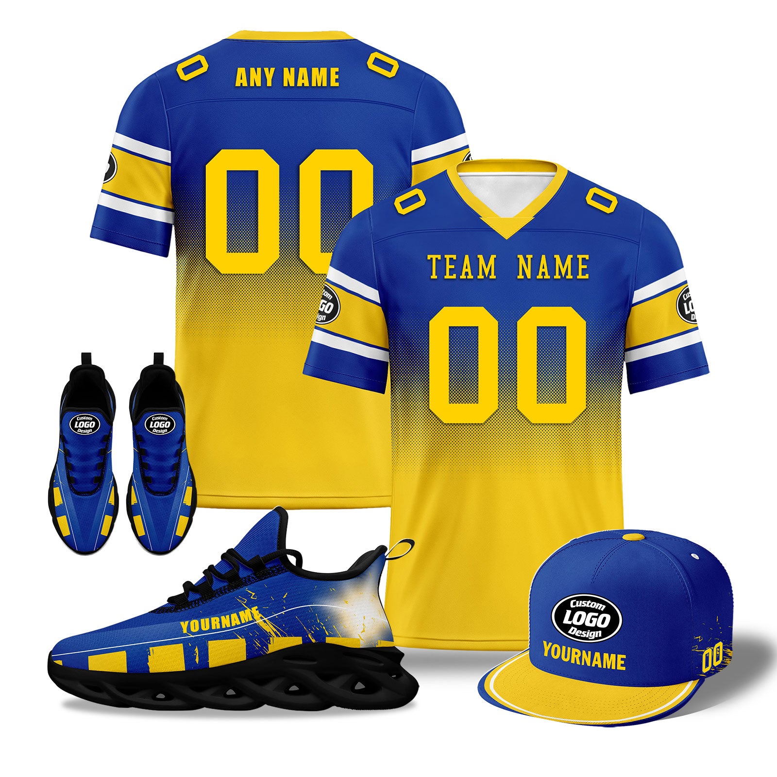 Custom Blue & Yellow Los Angeles Football MaxSoul Shoes and Hat Set - Personalized Sports Fan Gift Combo for Men & Women - Perfect for Game Day, Training, and Fan Events