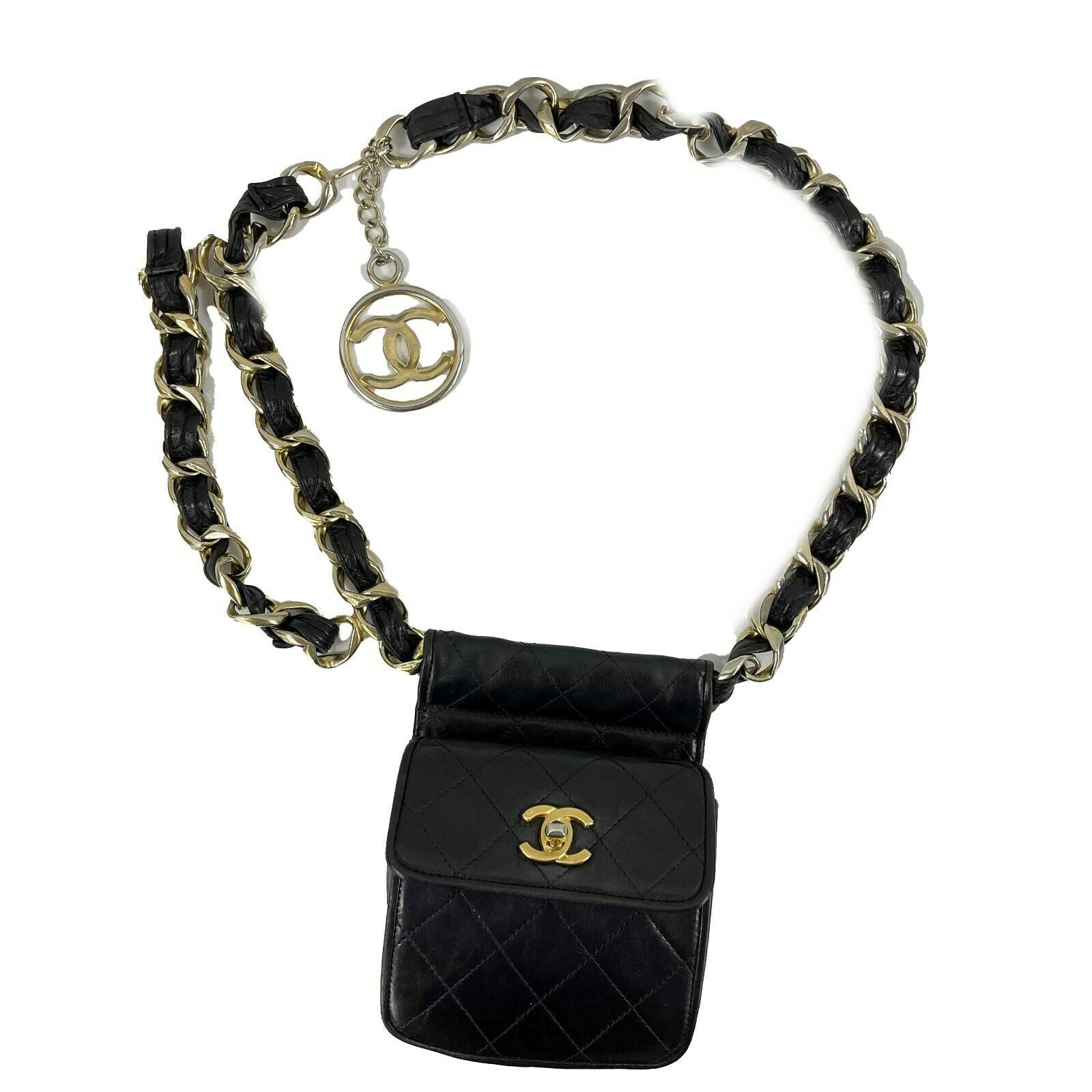 Vintage CHANEL 90s Black Quilted Leather CC Logo Chain Belt Bag - Mini Crossbody Fanny Pack for Women | Perfect for Night Out, Travel & Everyday Use