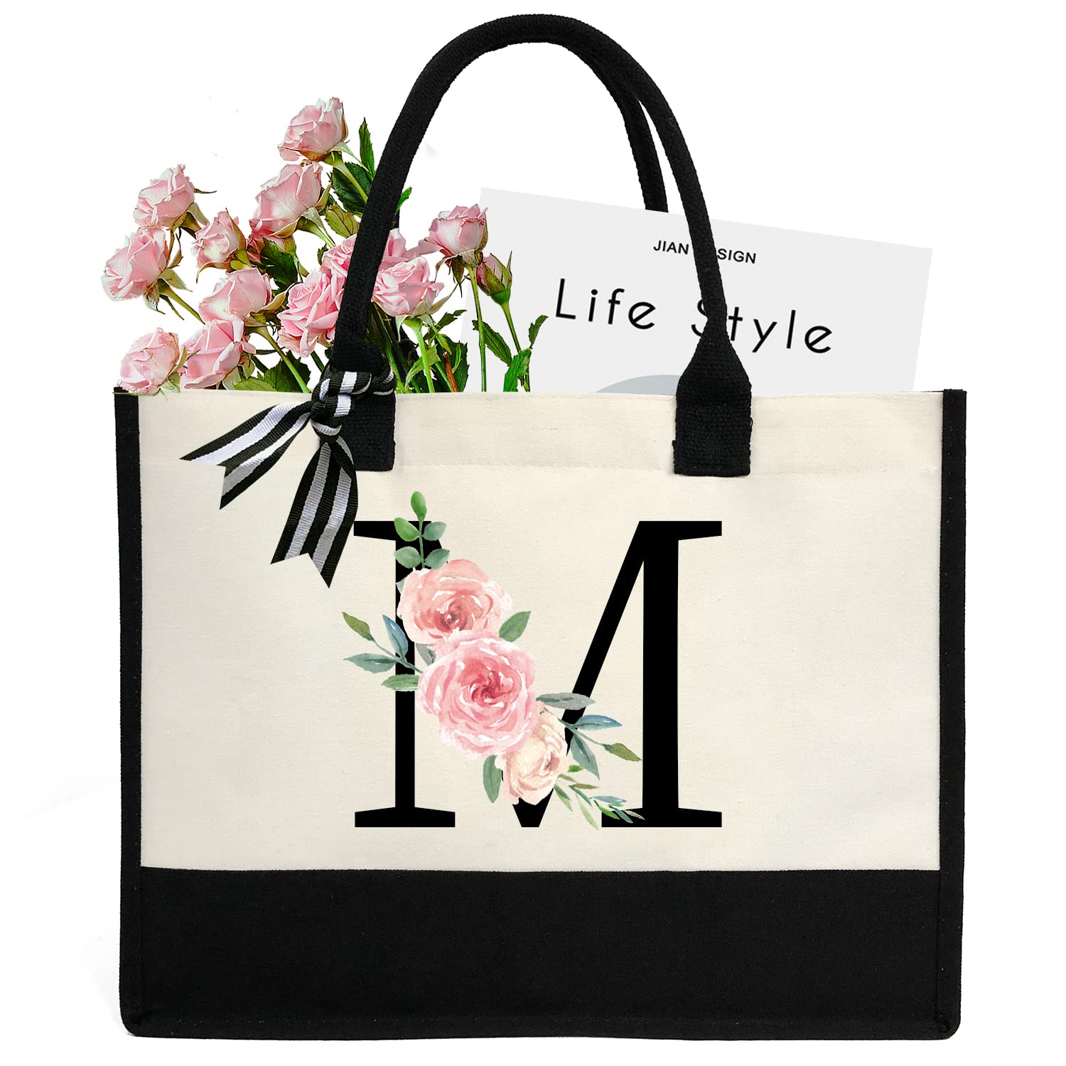 Personalized Canvas Beach Tote Bag with Printed Letter - Cute Gift for Women, Mom, Friends, Teachers & Bridesmaids - Perfect for Beach Trips, Shopping & Everyday Use