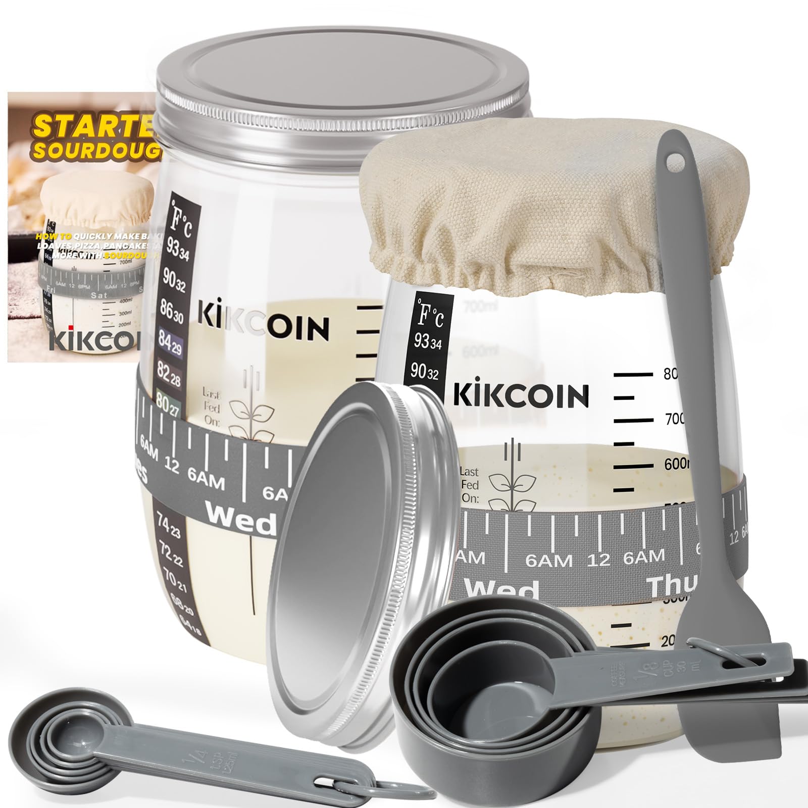 Kikcoin Sourdough Bread Starter Kit - 35oz Large Glass Jar Set of 2 with Feeding Band, Thermometer & Baking Tools for Homemade Artisan Bread | Perfect for Bakers, Beginners & Bread Making Enthusiasts | Ideal for Kitchen, Gifts & DIY Baking Projects