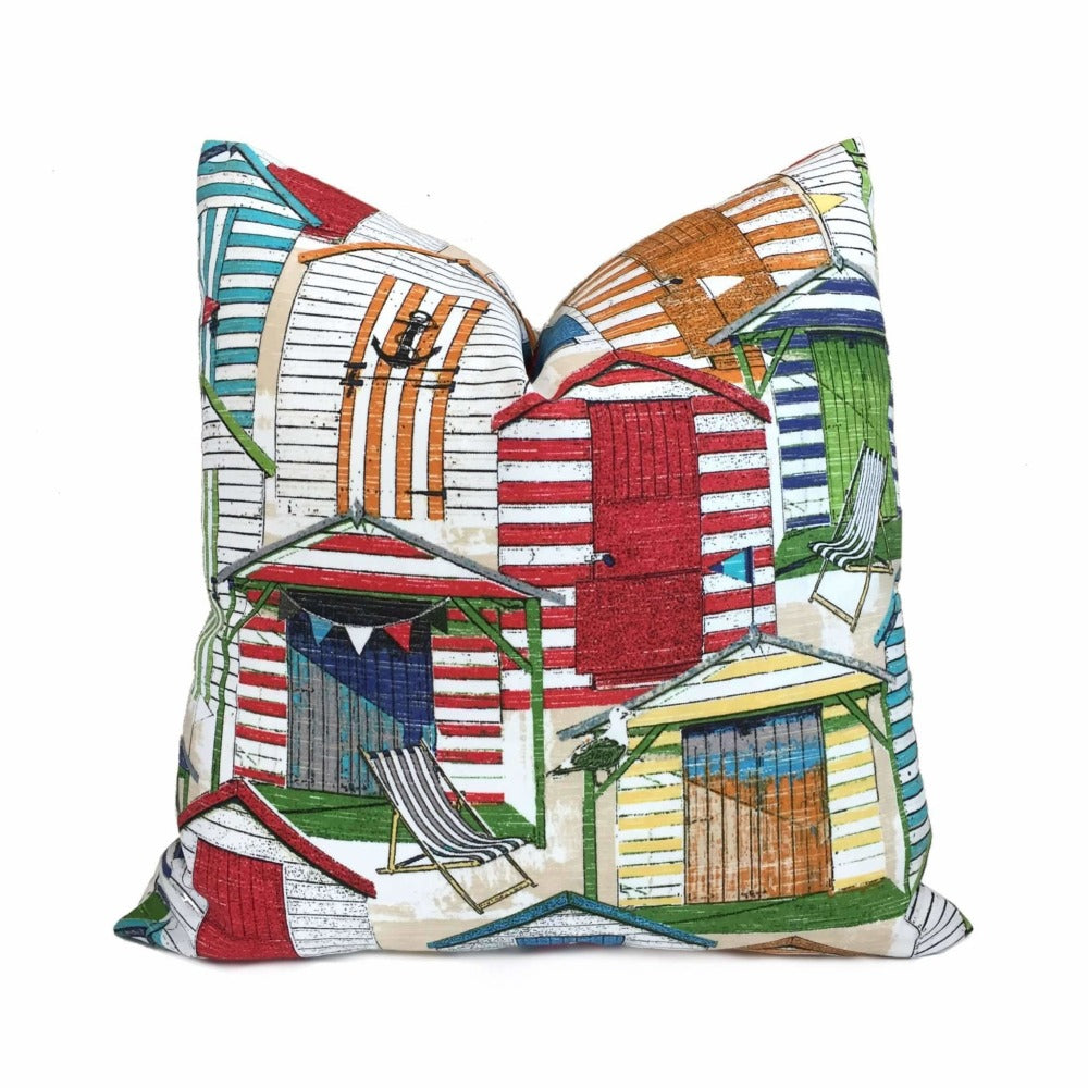 Beach Huts Cabana Outdoor Solarium Decorative Throw Pillow Cover - White, Red, Blue, Green, Orange - Perfect for Patio, Poolside & Coastal Home Decor