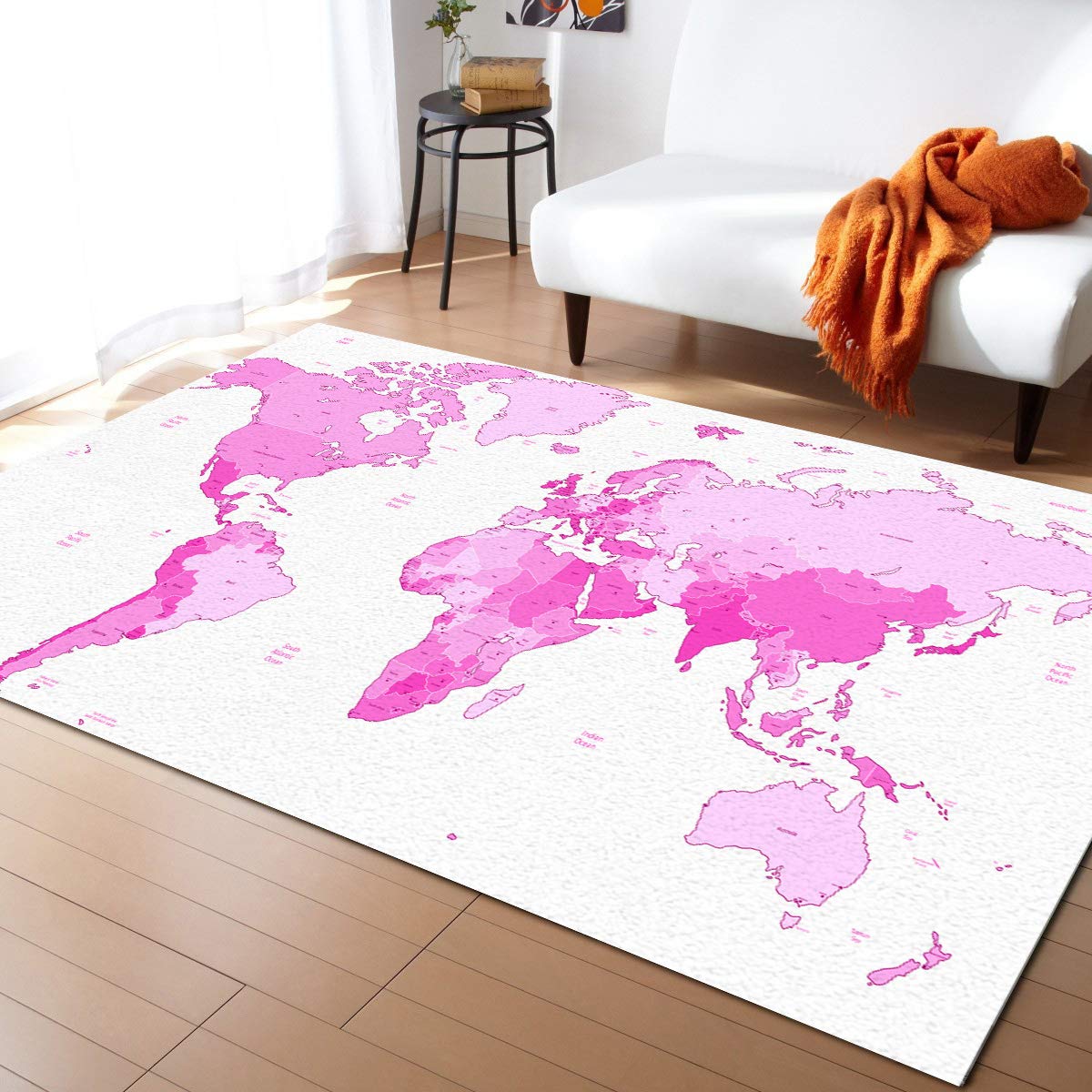 Non-Slip Soft Fluffy Area Rug 5' x 7' - Pink World Map Print for Bedroom, Living Room & Dorm Decor | Geography Themed Home Accent Rug with Asia Europe Africa America Design