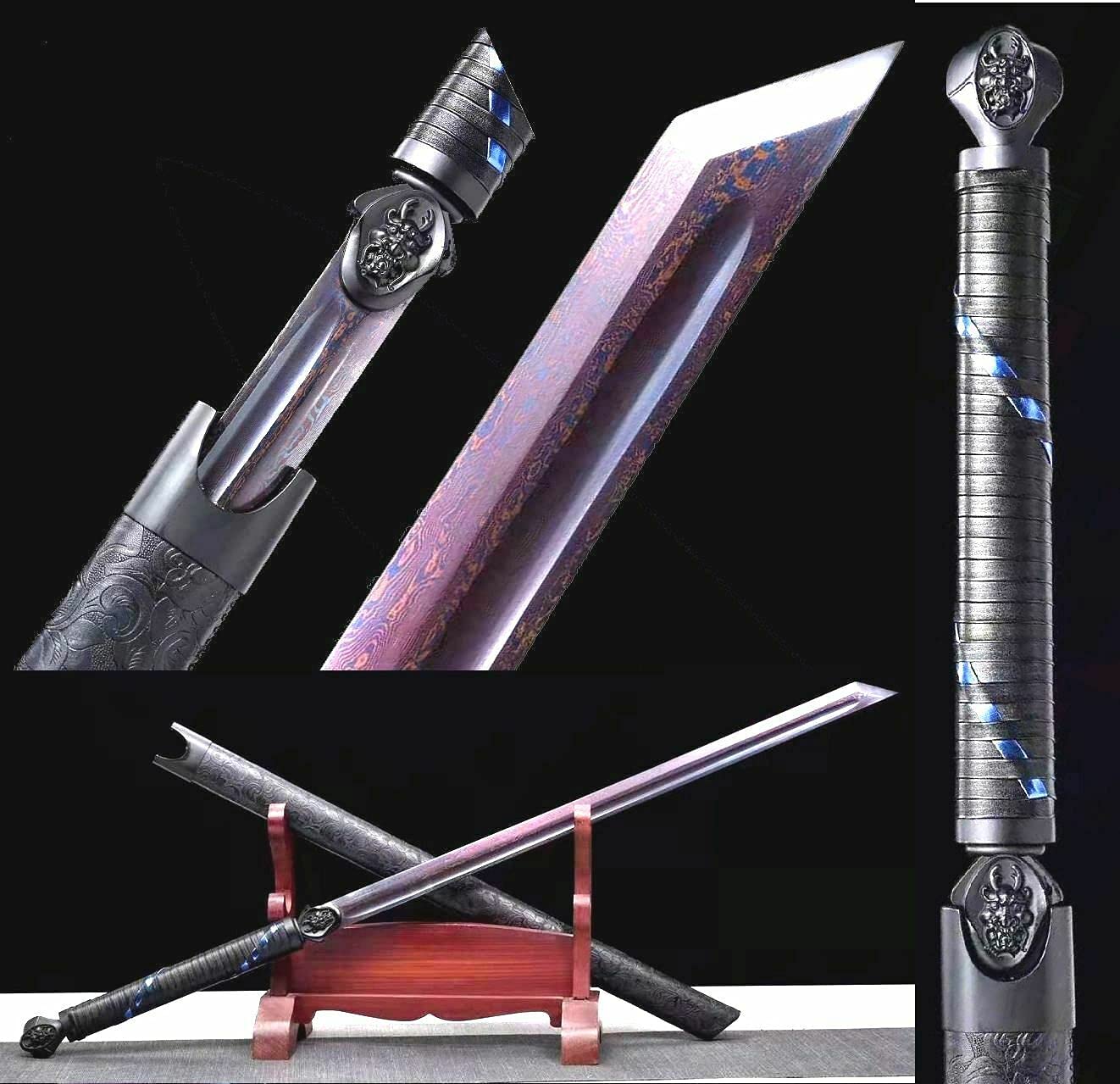 Authentic Chinese Wushu Sword - Sharp Purple Damascus Steel Kung Fu Saber | Battle Ready Martial Arts Weapon for Training, Performance & Collection