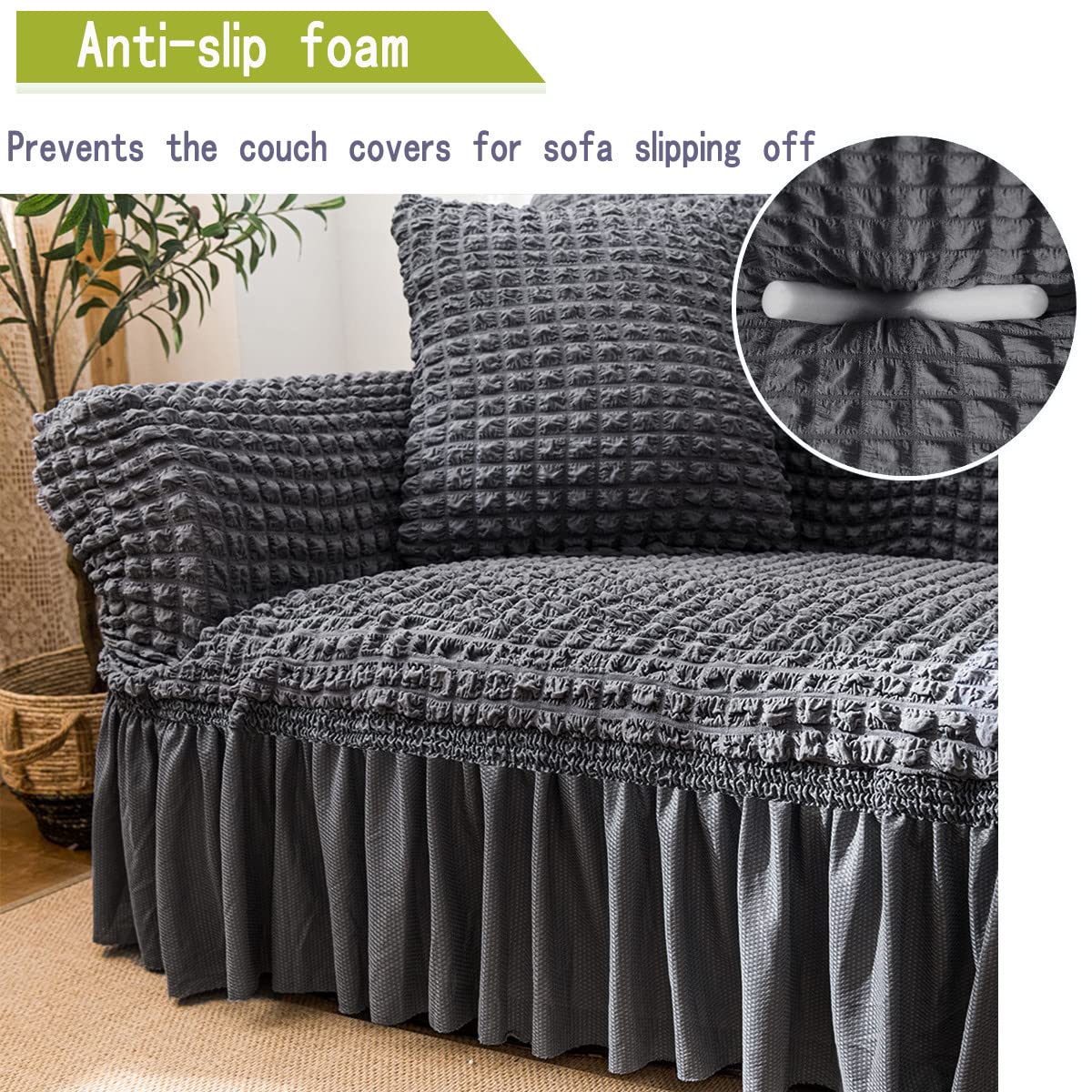 Qubjus Stretch Sofa Slipcover - Washable Couch Cover for Sofa & Bed - Elastic Bottom with Skirt - Easy Fit Furniture Protector (Grey, Small) - Perfect for Living Room, Bedroom & Home Decor Protection