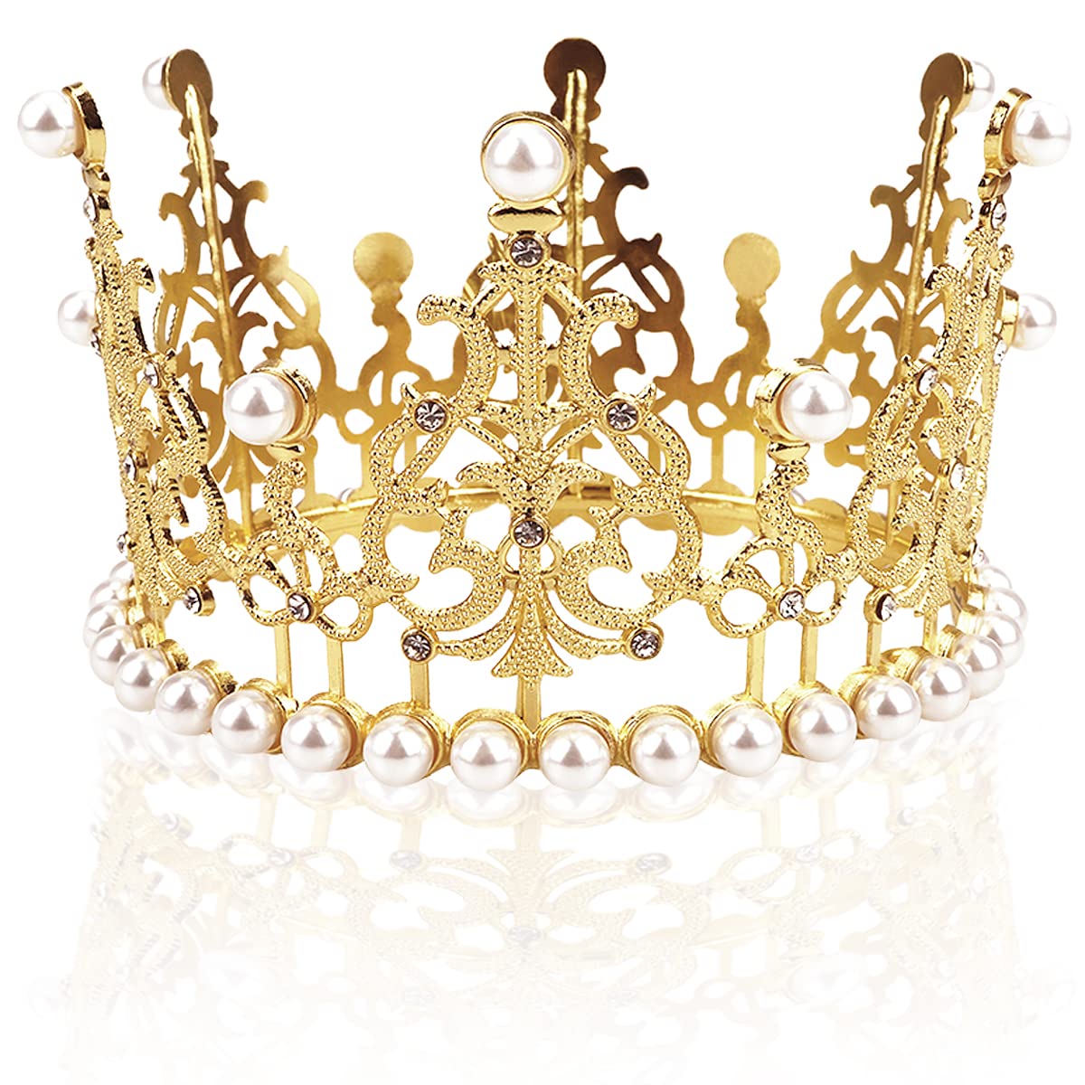 Elegant Gold Crown Cake Topper with Rhinestones & Pearls - Wedding, Birthday, Prince Themed Baby Shower Party Decorations - Perfect for Royal Celebrations, Princess Parties & Special Occasions