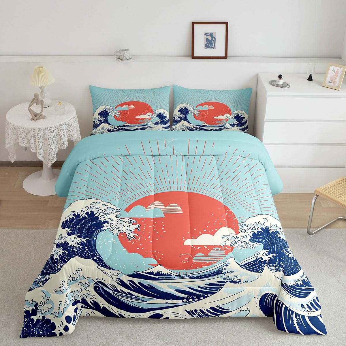 Erosebridal Japanese Style Sea Wave Comforter Set Twin Size - Mount Fuji Ocean Theme Duvet Cover, Super Soft Breathable Bedding in Red, Yellow & Blue | Perfect for Coastal Themed Bedrooms, Guest Rooms & Vacation Homes