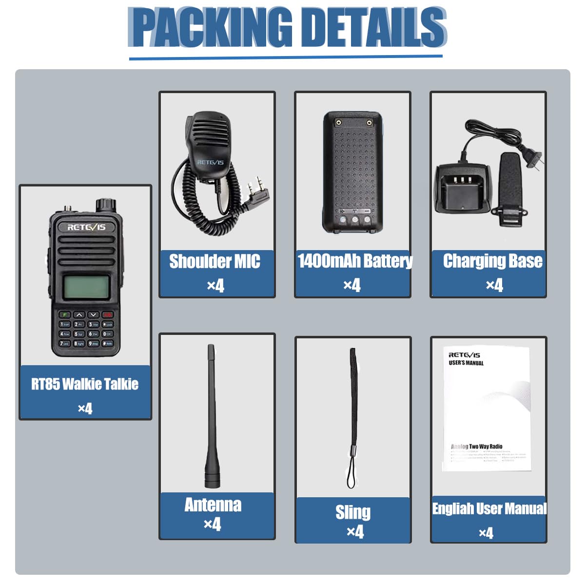 Retevis RT85 2-Way Radio Long Range Walkie Talkies with Microphone - 5W Dual Band Handheld Two-Way Radios, LCD Display, Durable, SOS Siren & Flashlight - Professional Walkie Talkies for Security, Hotel, Business (4 Pack) - Ideal for Construction Sites, Outdoor Adventures & Emergency Communication