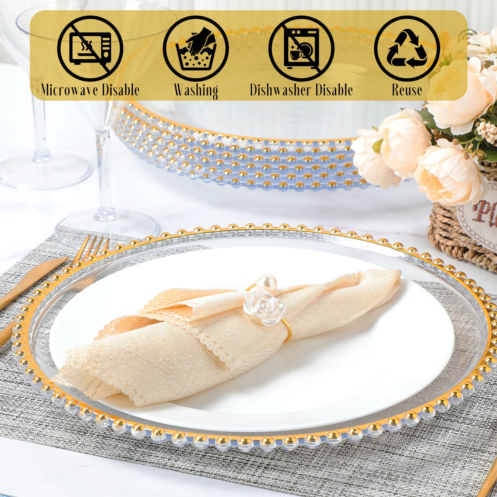 50-Pack Clear Beaded Charger Plates & Napkin Rings Set - 13 Inch Gold Plastic Round Plates for Wedding, Dinner Party & Event Table Decorations - Elegant Table Setting for Formal Occasions