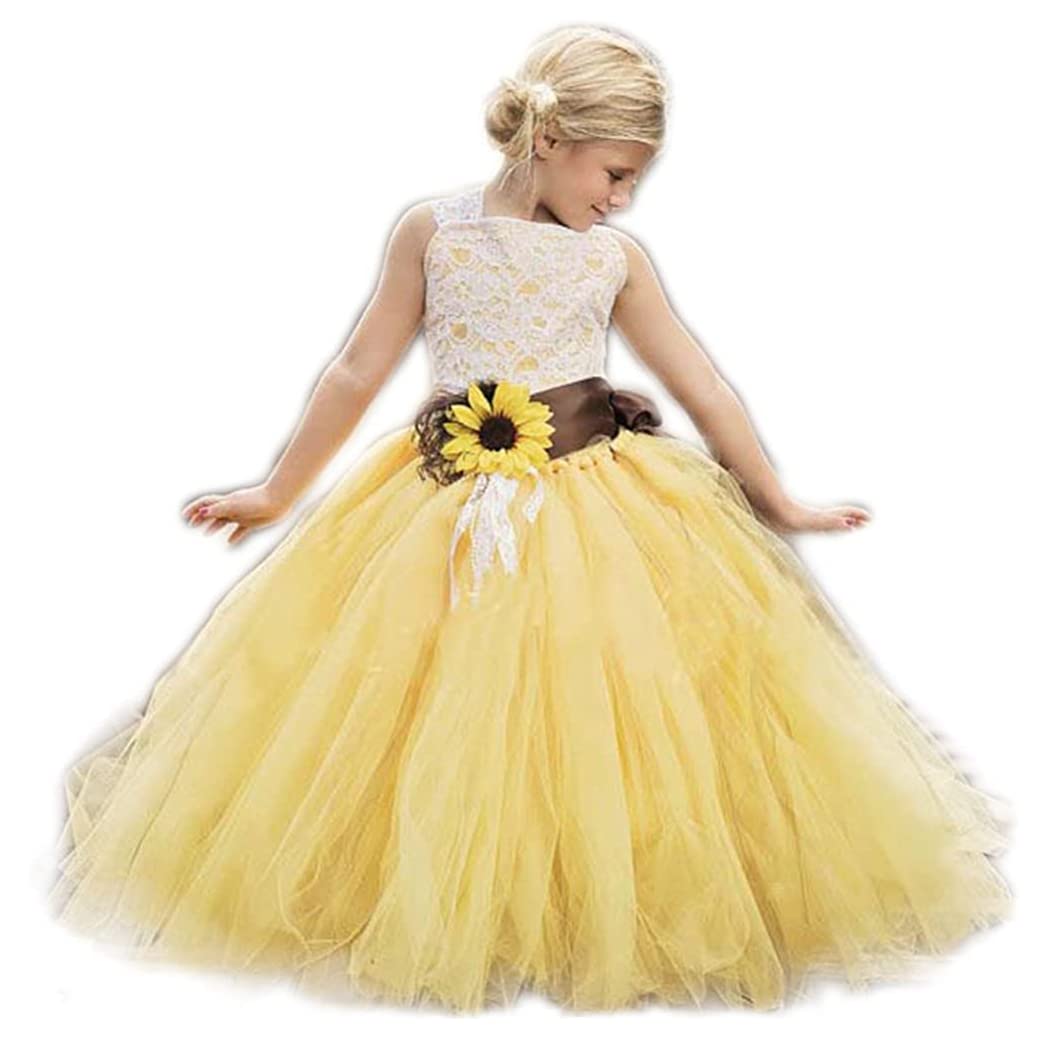 Yellow Tutu Flower Girl Dress with Sunflower Belt for Wedding & Party