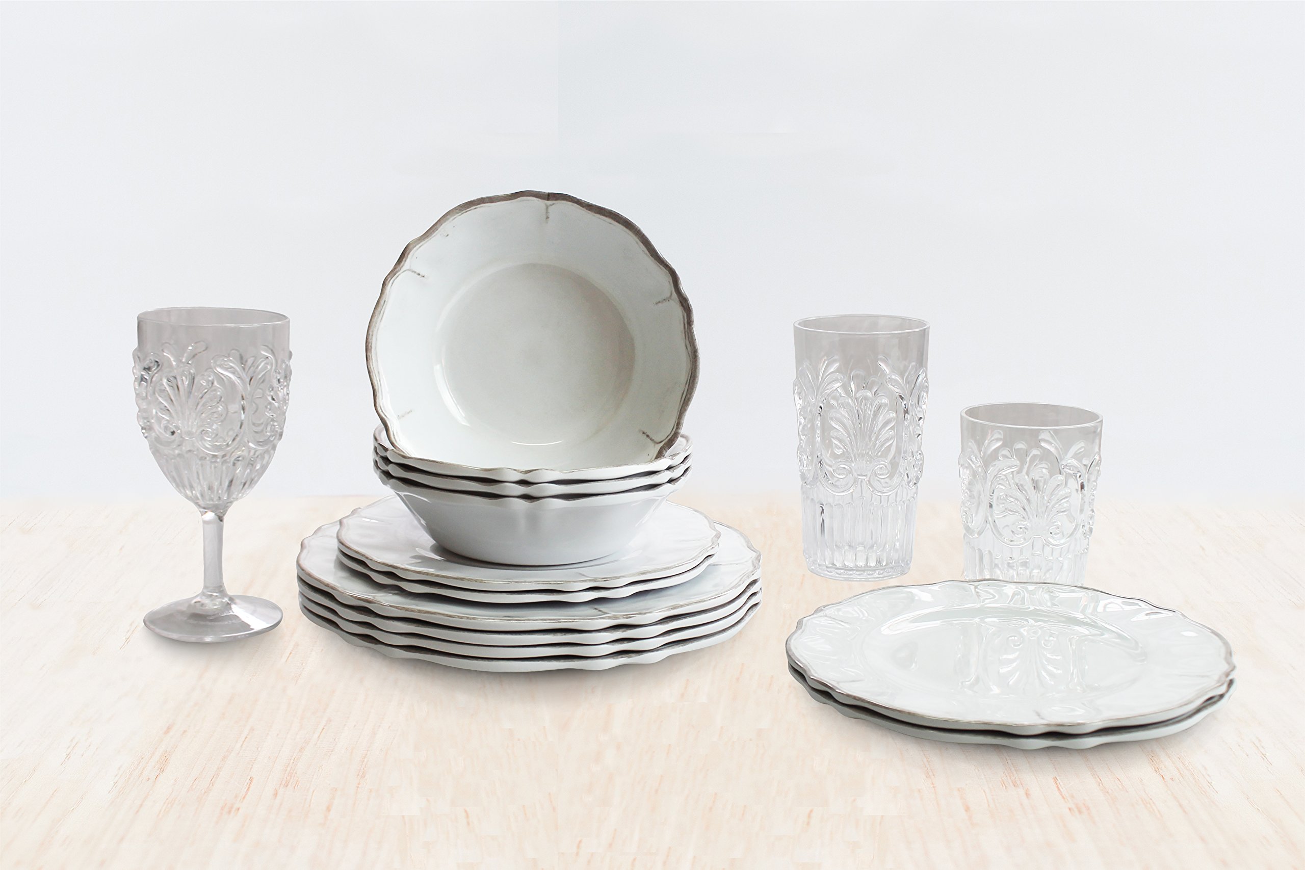 Luxury Melamine Dinnerware Set - 12 Piece Service for 4, Rustica Antiqua White | Shatterproof & Lightweight Dinner Plates, Bowls & Mugs | Perfect for Outdoor Dining, Picnics & RV Camping