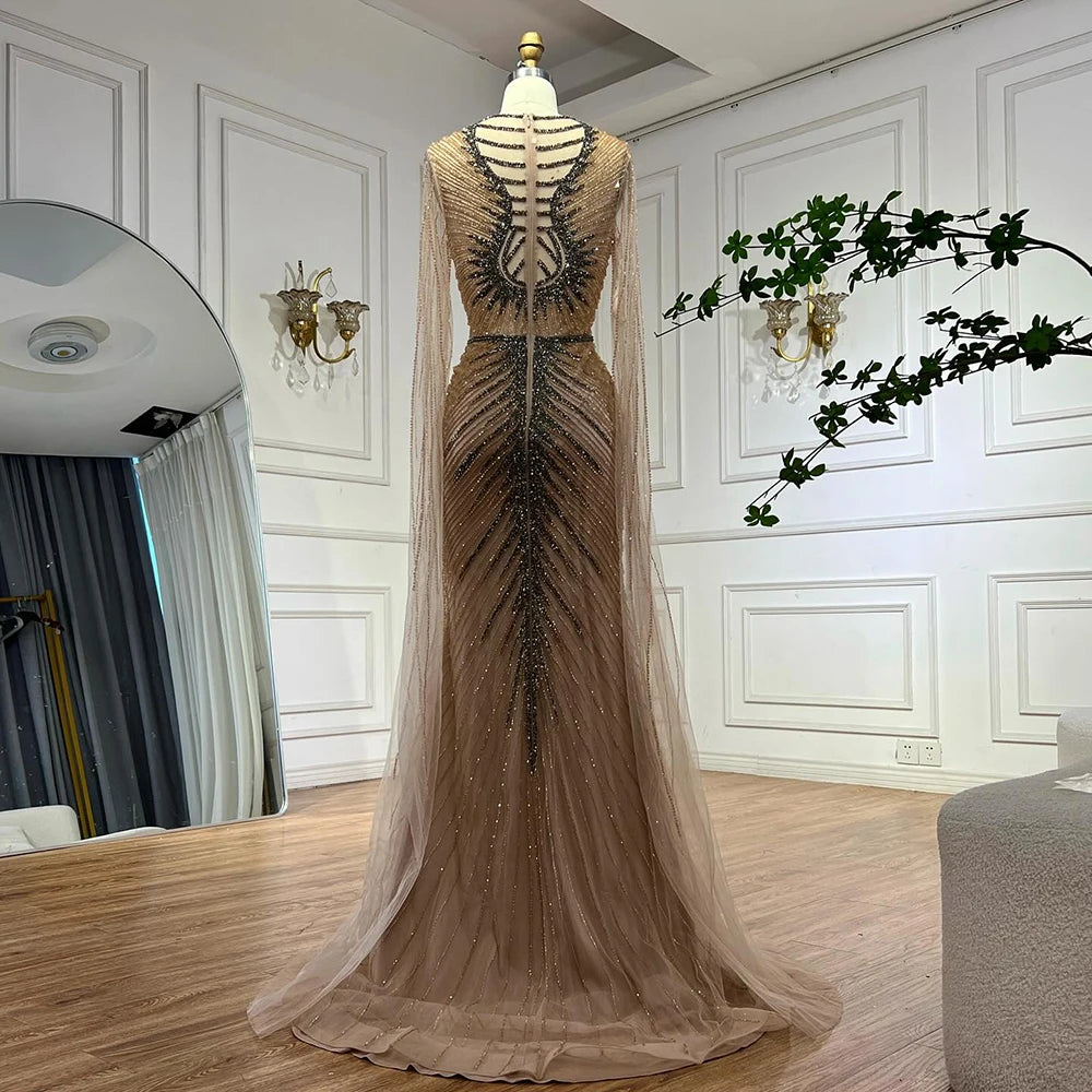 Elegant Caramel Beaded Evening Gown with Cape Sleeves - LA72940 | Formal Party Dress for Women | Perfect for Galas, Weddings & Red Carpet Events