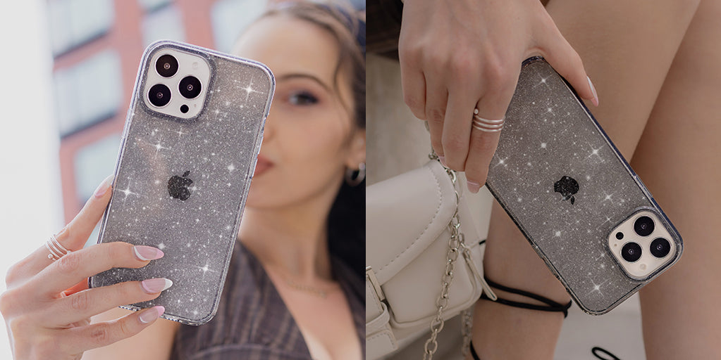 Sparkly Grey Stardust Glitter iPhone Case - Protective Slim Fit Cover for iPhone 13/14/15 Pro Max - Stylish Glittery Phone Case for Women Girls (Perfect for Parties, Night Out & Everyday Use)