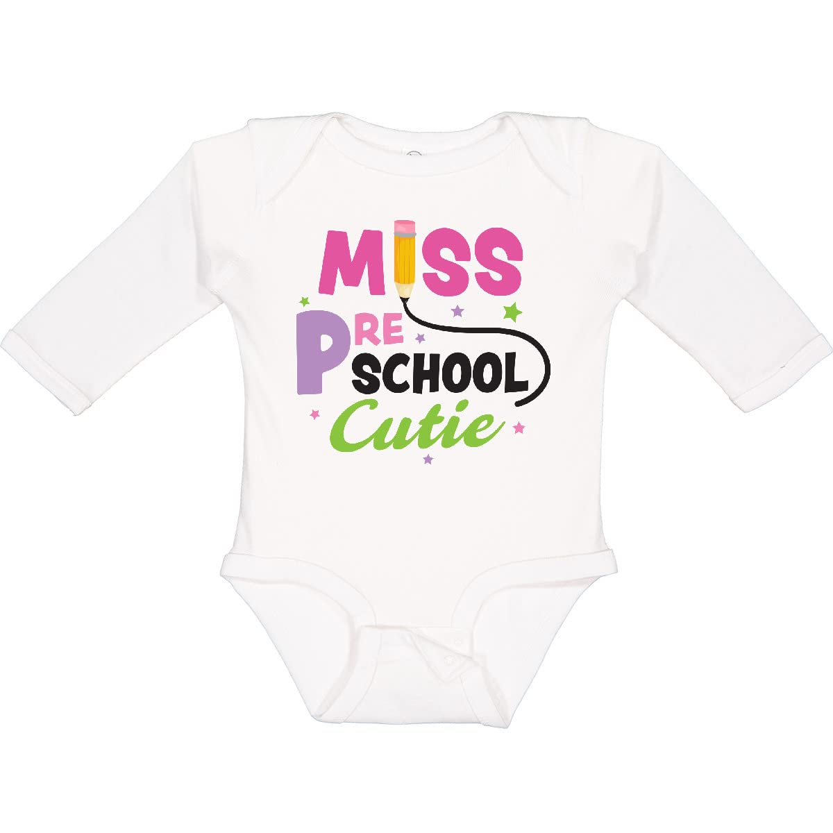 Inktastic Miss Preschool Cutie with Pencil and Stars Long Sleeve Baby Bodysuit - Adorable Infant Outfit for School, Playdates & Photo Shoots