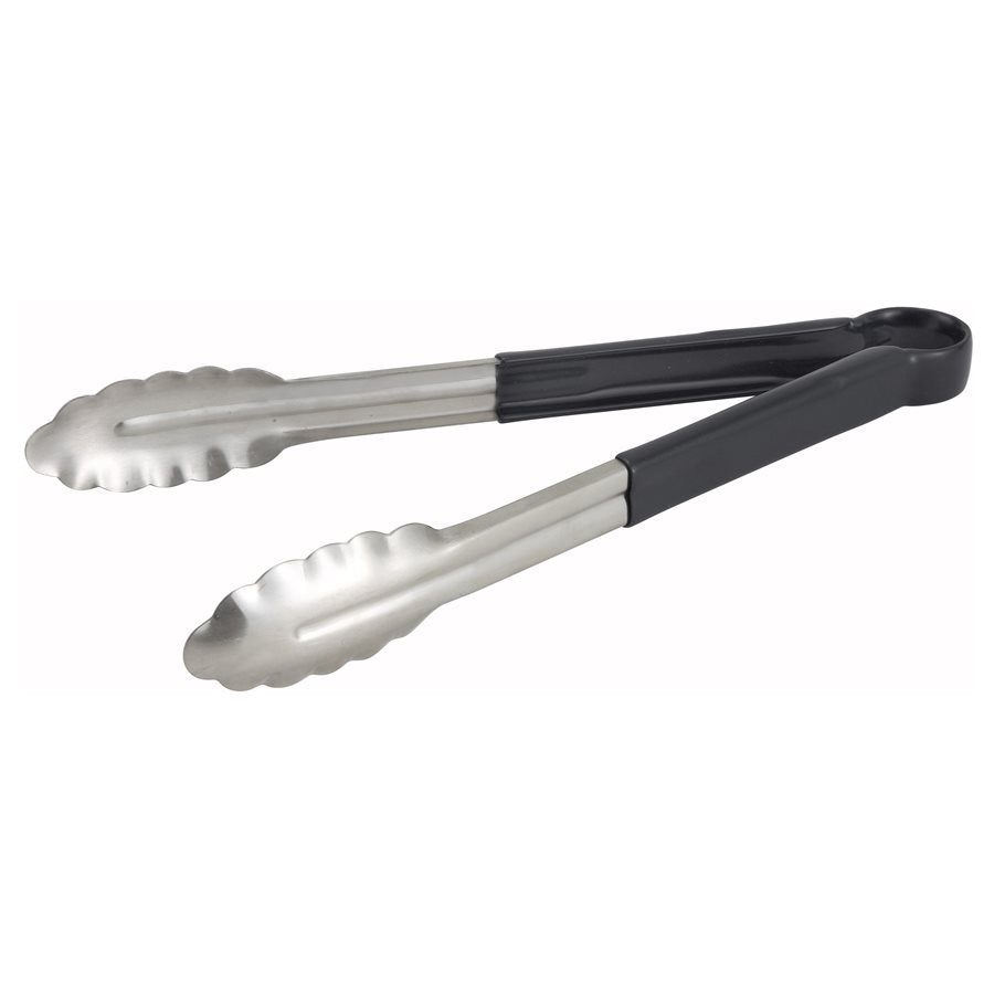Winco 12-Inch Stainless Steel Tongs with Black Handle - UT 12HP K - Perfect for Grilling, BBQ, Serving, and Kitchen Use