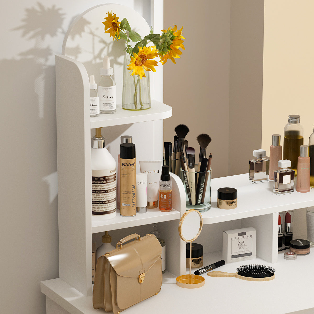 Vanity Set with Stool, Mirror, LED Lights & 3-Tier Storage Shelves - 5 Drawer Makeup Dressing Table for Bedroom, Bathroom & Salon (White) - Perfect for Makeup Organization & Beauty Routine